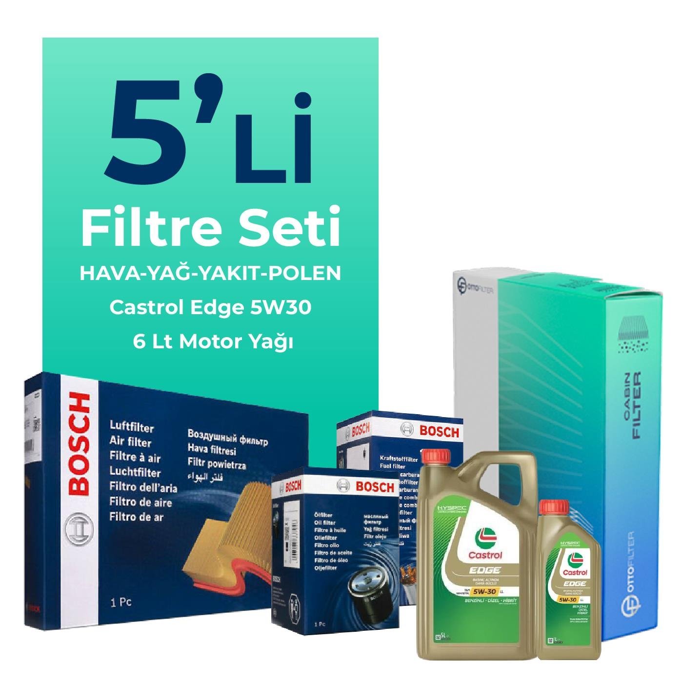 Bosch BMW 6.40 Dizel xDrive Filtre Bakım Seti Castrol Motor Yağlı (2011-2018) 5 Li