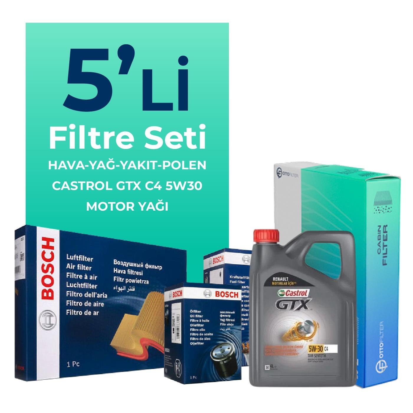 Bosch Dacia Sandero 1.5 Dizel Filtre Bakım Seti Castrol Motor Yağlı (2012-2018) 5 Li