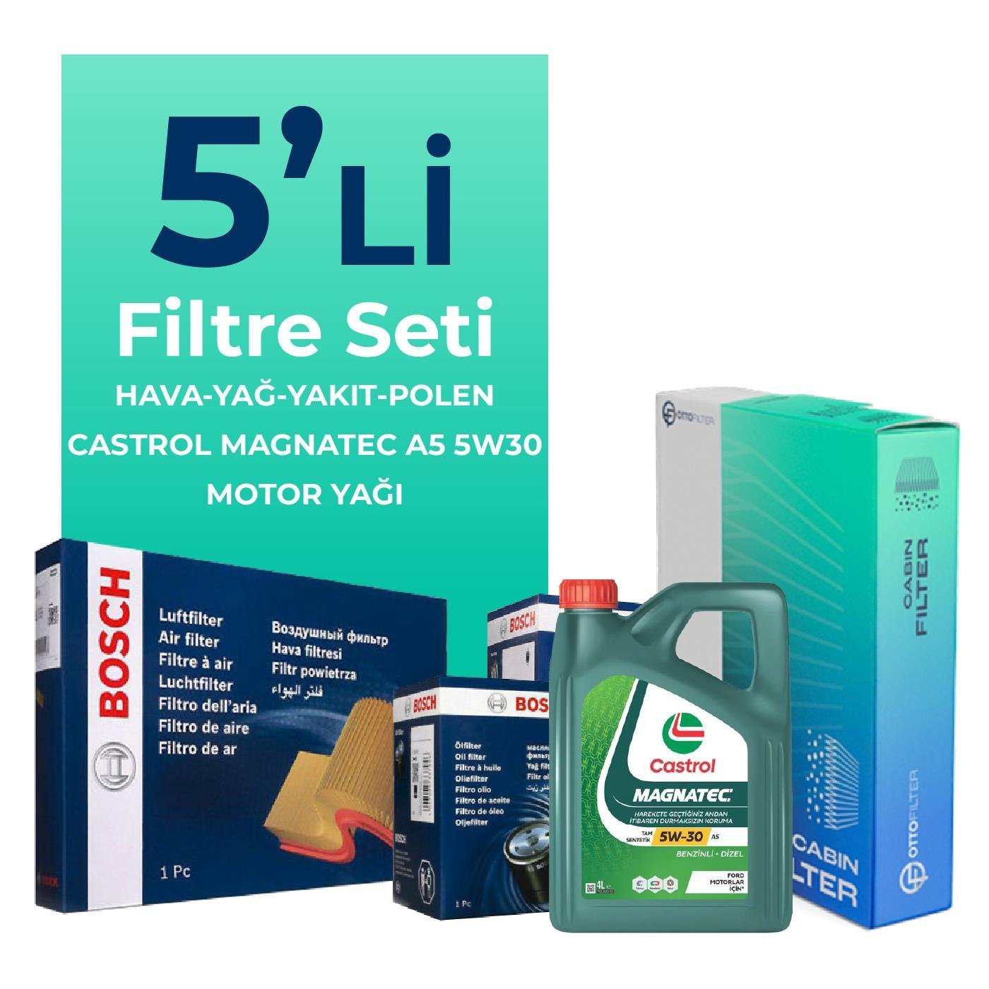 Bosch Ford Tourneo Custom 2.2 Dizel Filtre Bakım Seti Castrol Motor Yağlı (2012-2019) 5 Li