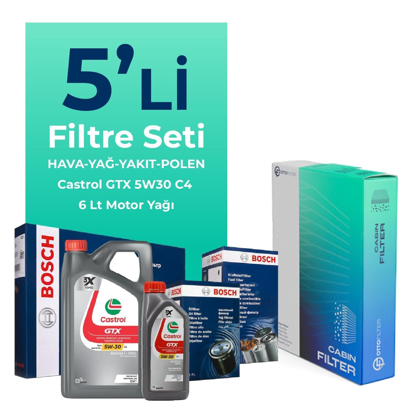 Bosch Jaguar XF 2.2 Dizel Filtre Bakım Seti Castrol Motor Yağlı (2010-2015) 5 Li
