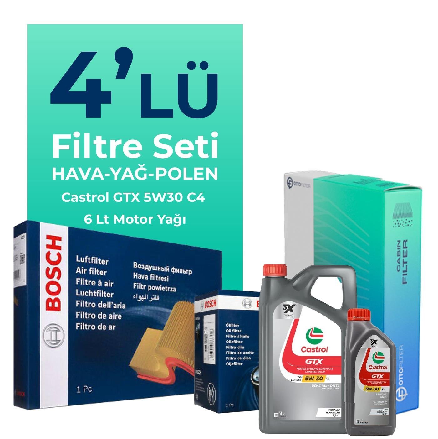 BOSCH Jeep Grand Cherokee 4.7 Benzin Filtre Bakım Seti Castrol Motor Yağlı (1998-2006) 4 Lü