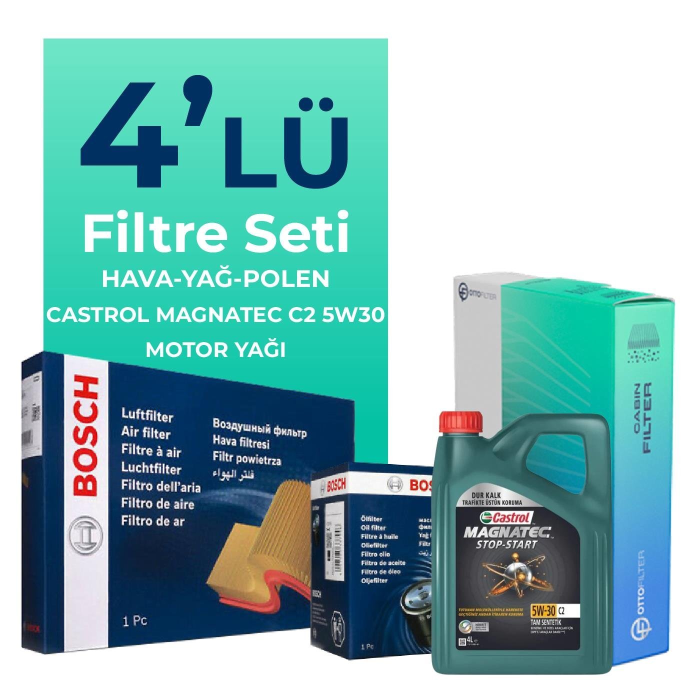 BOSCH Peugeot 207 1.6 Dizel 92 Beygir Filtre Bakım Seti Castrol Motor Yağlı (2010-2013) 4 Lü