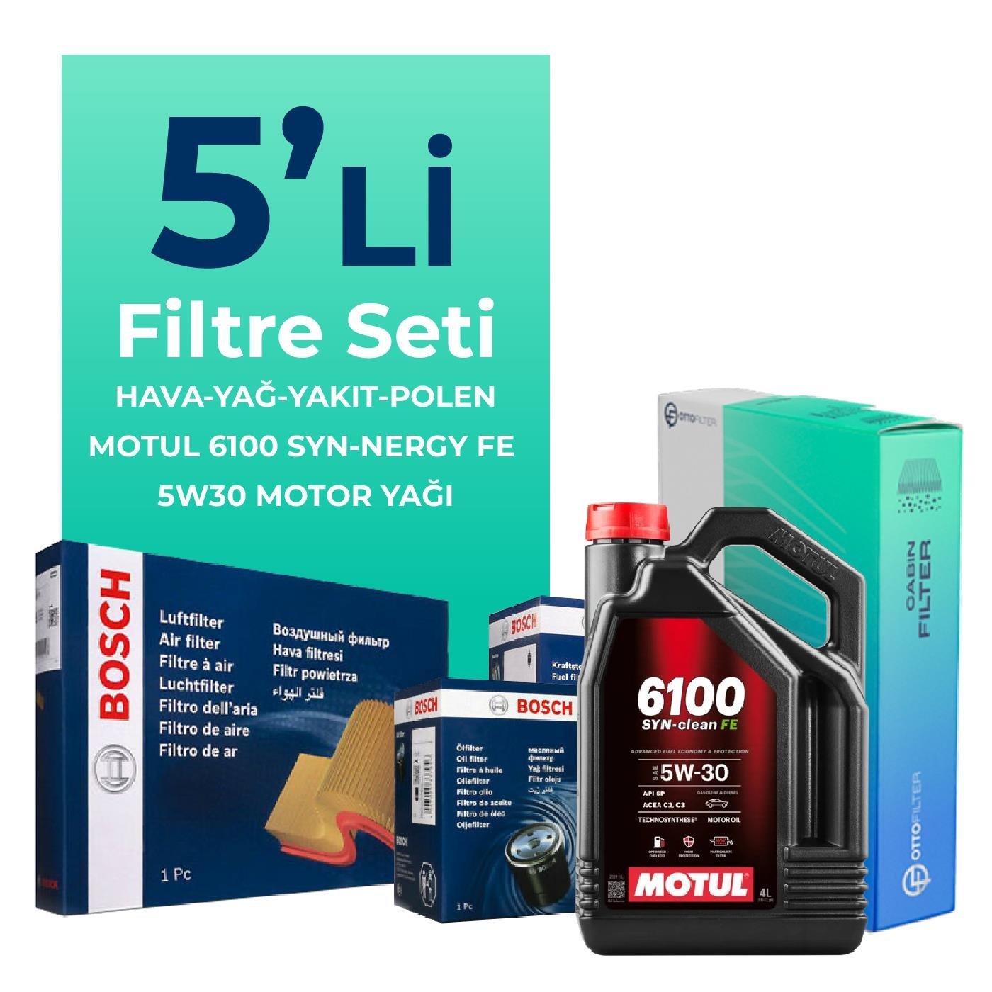 BOSCH Peugeot 207 1.6 Dizel 92 Beygir Filtre Bakım Seti Motul Motor Yağlı (2010-2013) 5 Li