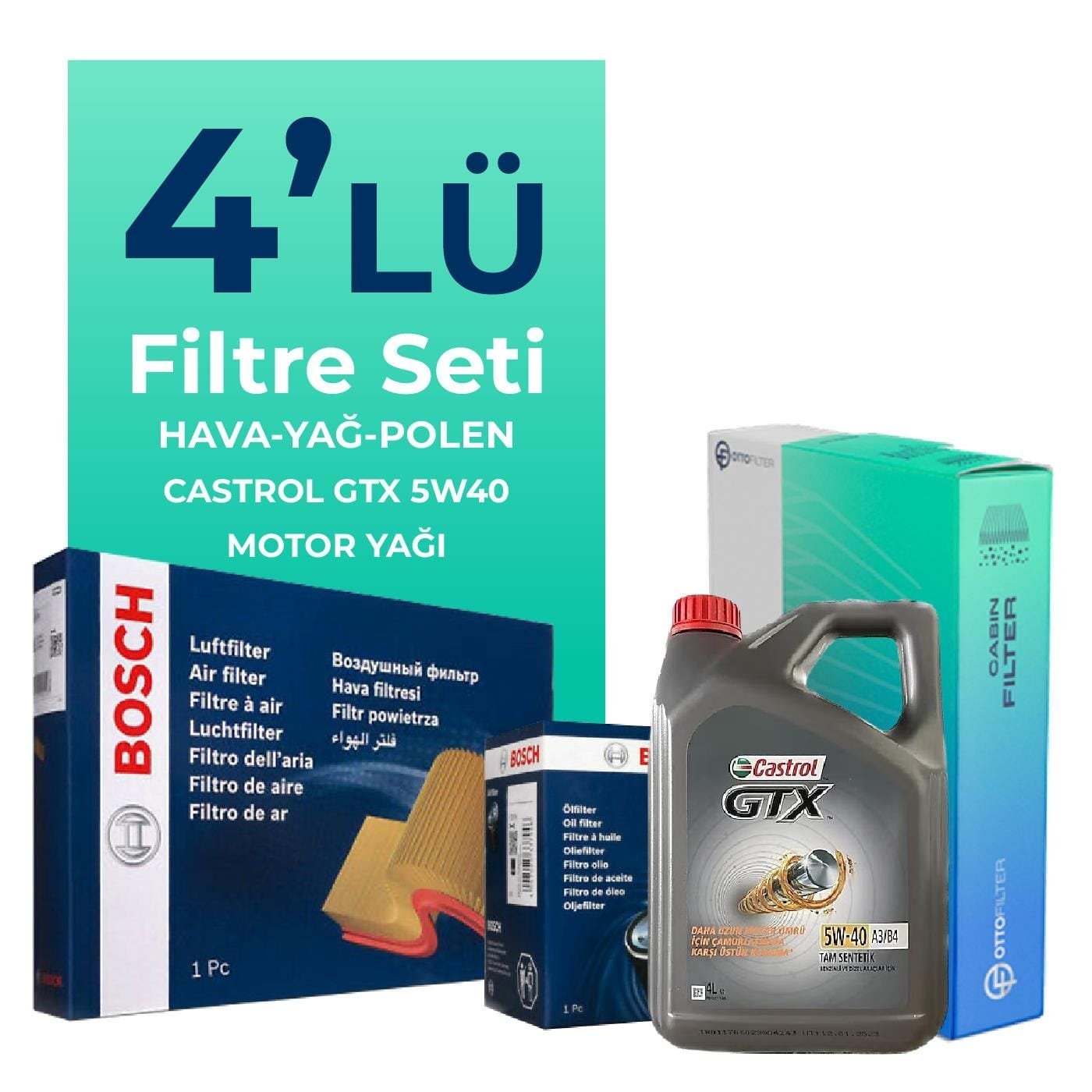 BOSCH Renault Clio 0.9 Benzin TCe Filtre Bakım Seti Castrol Motor Yağlı (2014-2021) 4 Lü