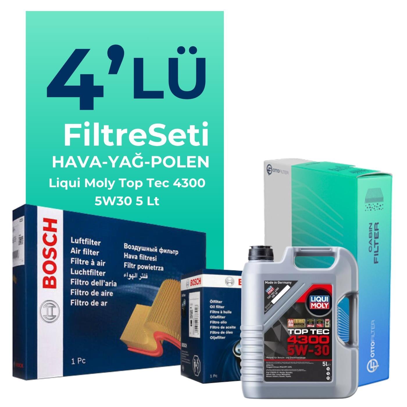 BOSCH Renault Clio 1.0 Benzin SCe Filtre Bakım Seti Liqui Moly Motor Yağlı (2019-2024) 4 Lü