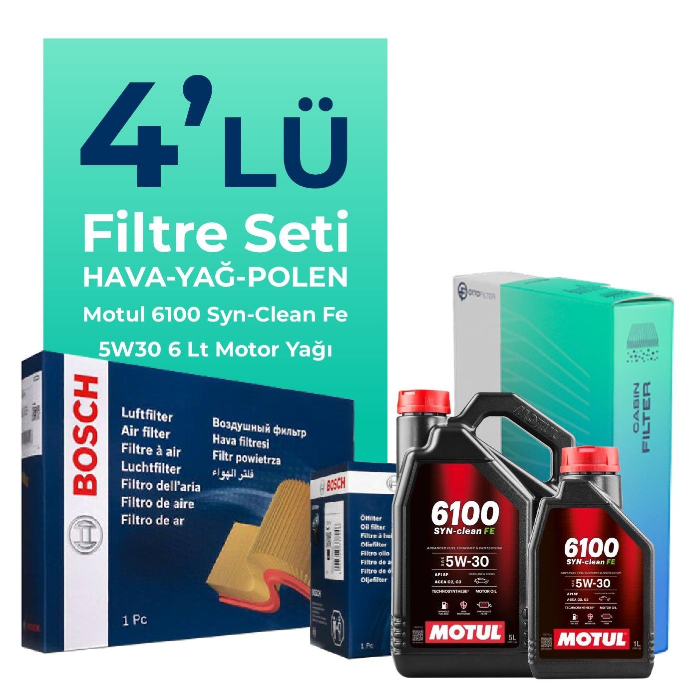 BOSCH Renault Clio 1.3 Benzin TCe Filtre Bakım Seti Motul Motor Yağlı (2019-2024) 4 Lü