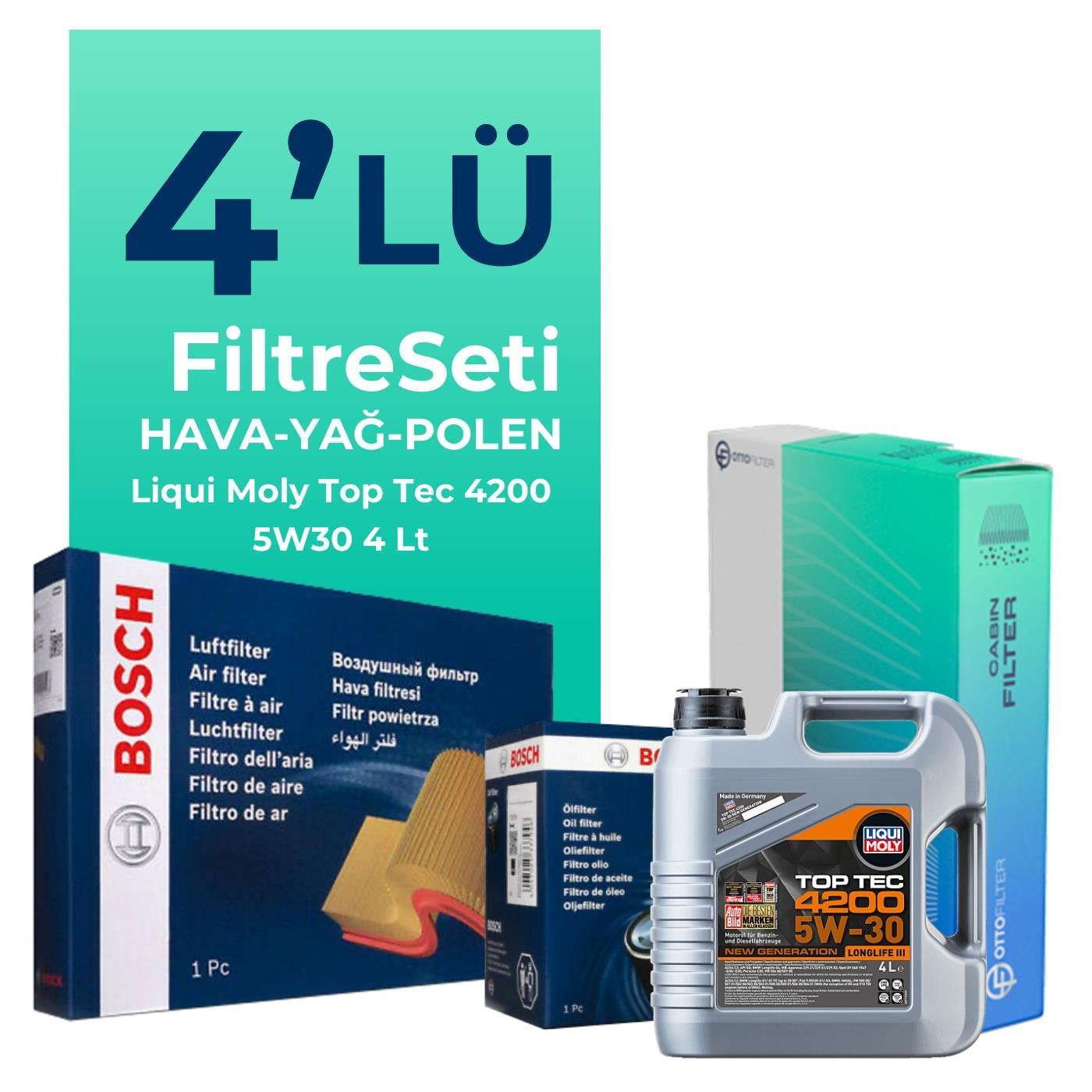 BOSCH Skoda SuperB 1.4 TSi Filtre Bakım Seti Liqui Moly Motor Yağlı (2015-2019) 4 Lü