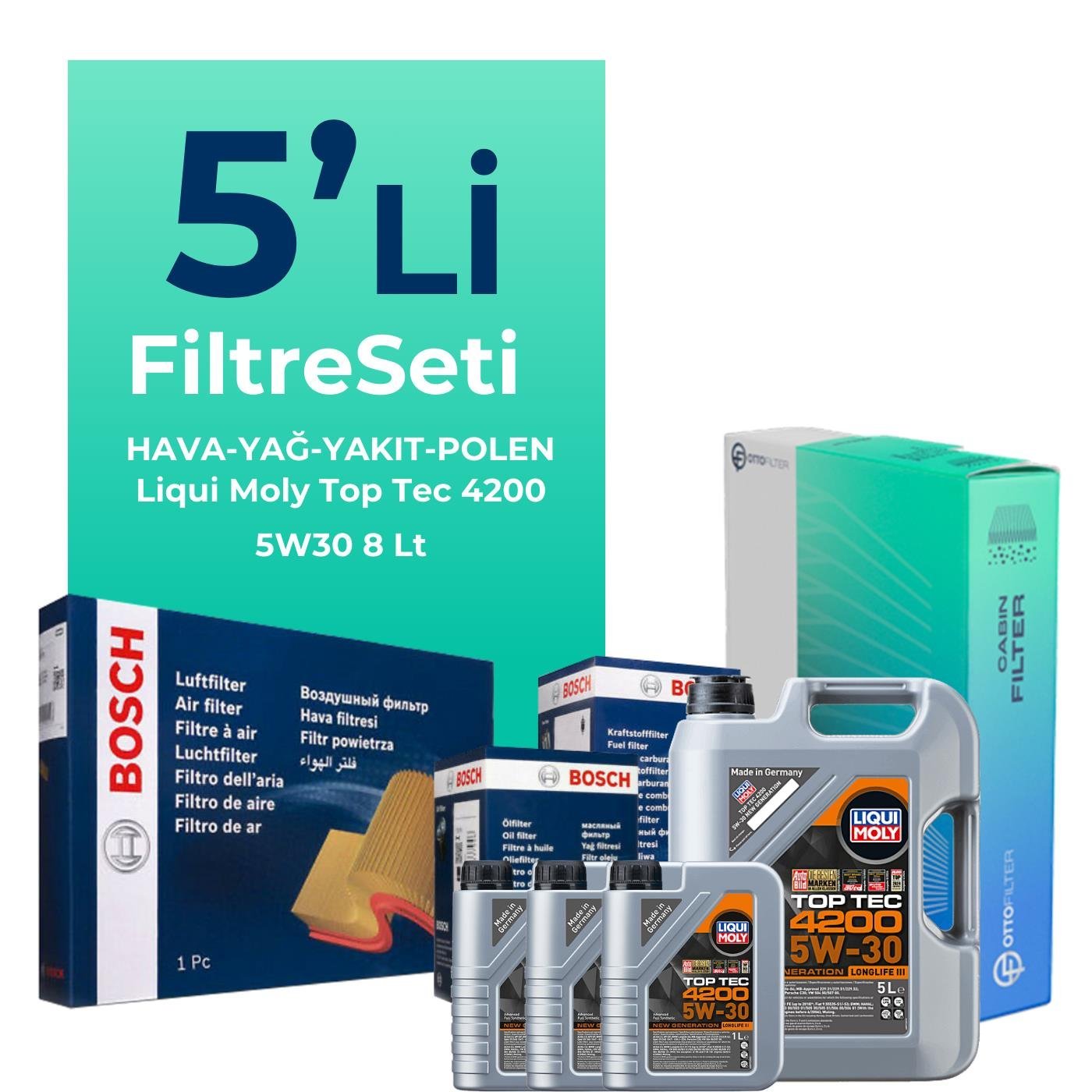 BOSCH Toyota Hilux 2.4 Filtre Bakım Seti Liqui Moly Motor Yağlı (2015-2024) 5 Li
