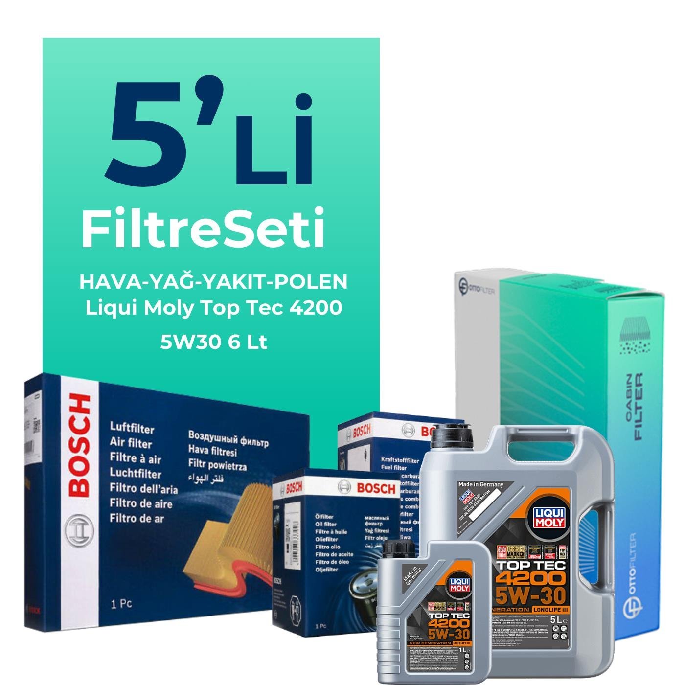 BOSCH Volkswagen Transporter T5 1.9 Dizel Filtre Bakım Seti Liqui Moly Motor Yağlı (2004-2009) 5 Li
