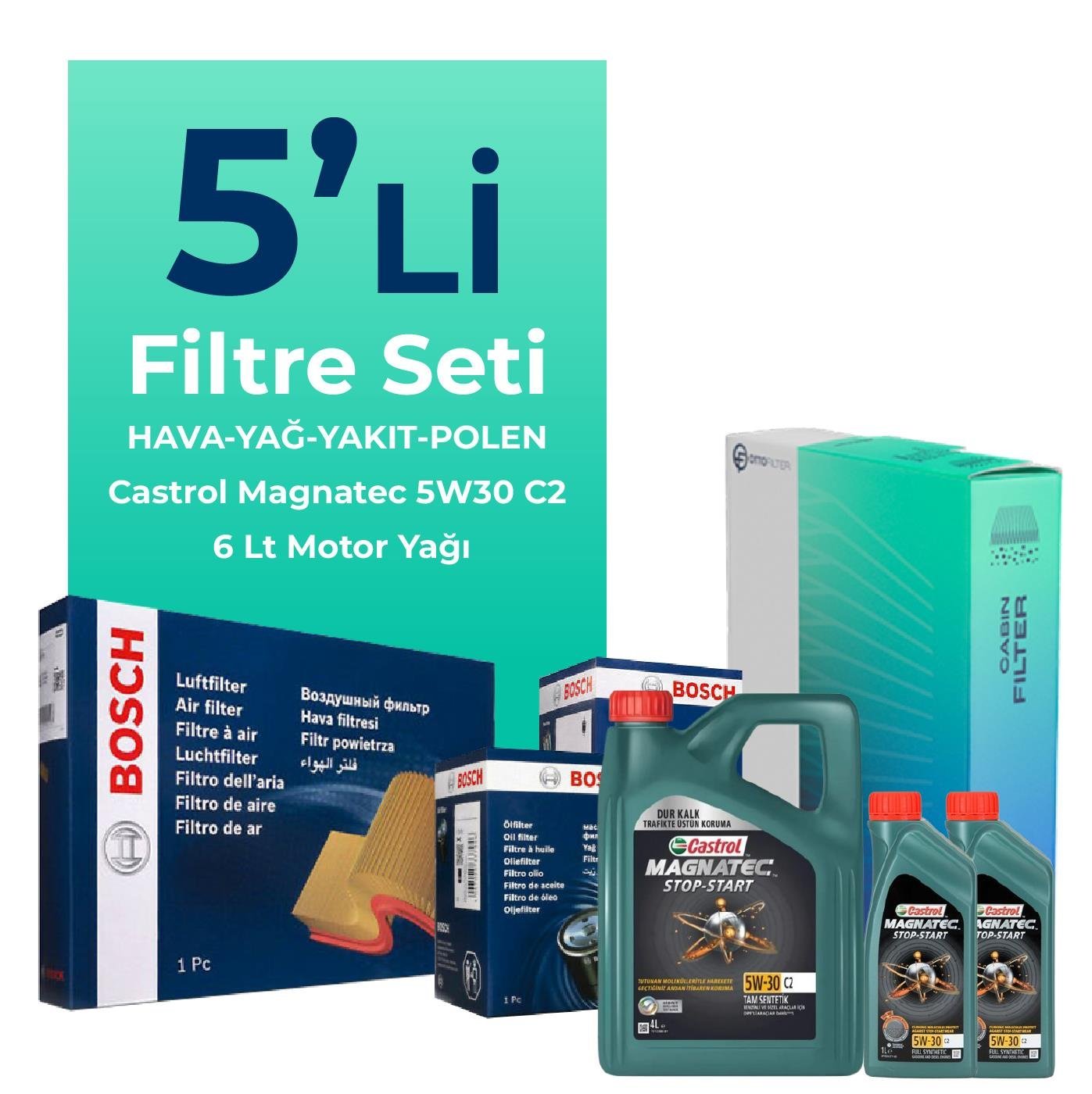 BOSCH Volvo XC60 2.0 Dizel Filtre Bakım Seti Castrol Motor Yağlı (2011-2014) 5 Li