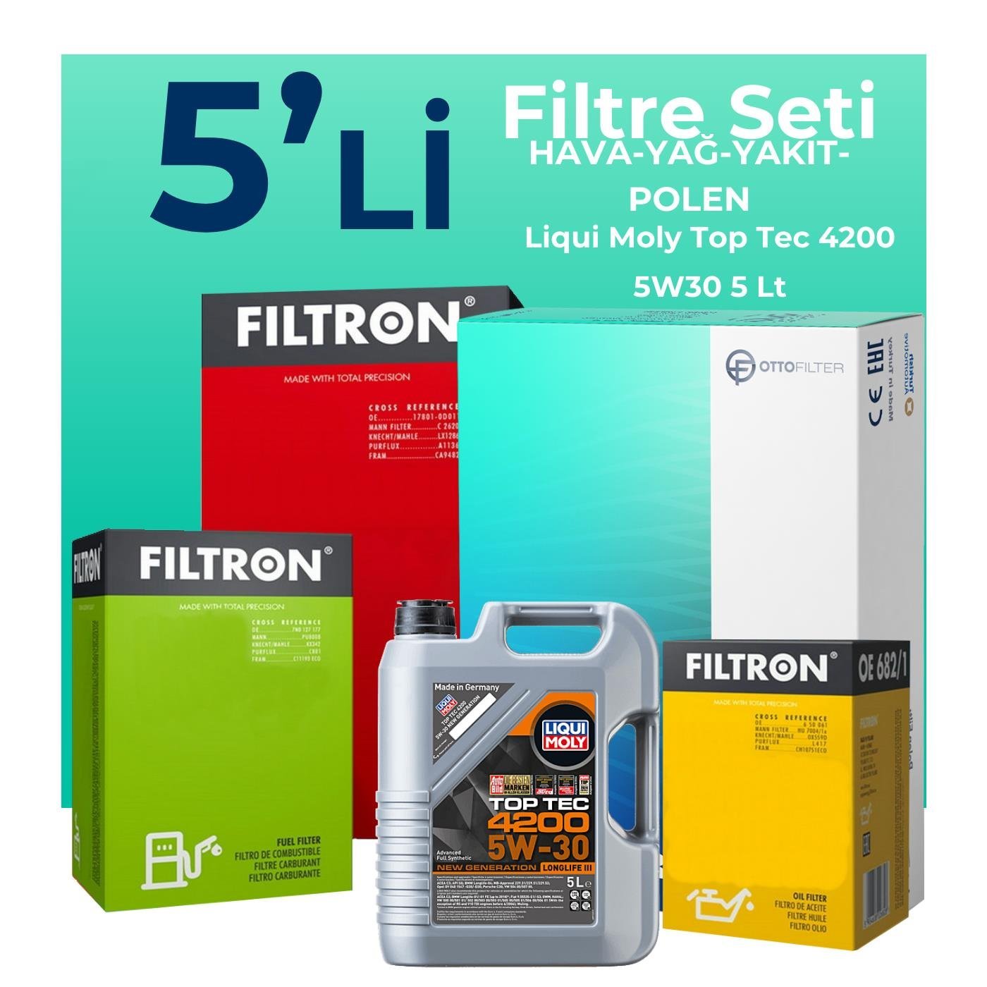 Filtron BMW 3.20 Dizel 190 HP Filtre Bakım Seti Liqui Moly Motor Yağlı (2015-2018) 5 Li