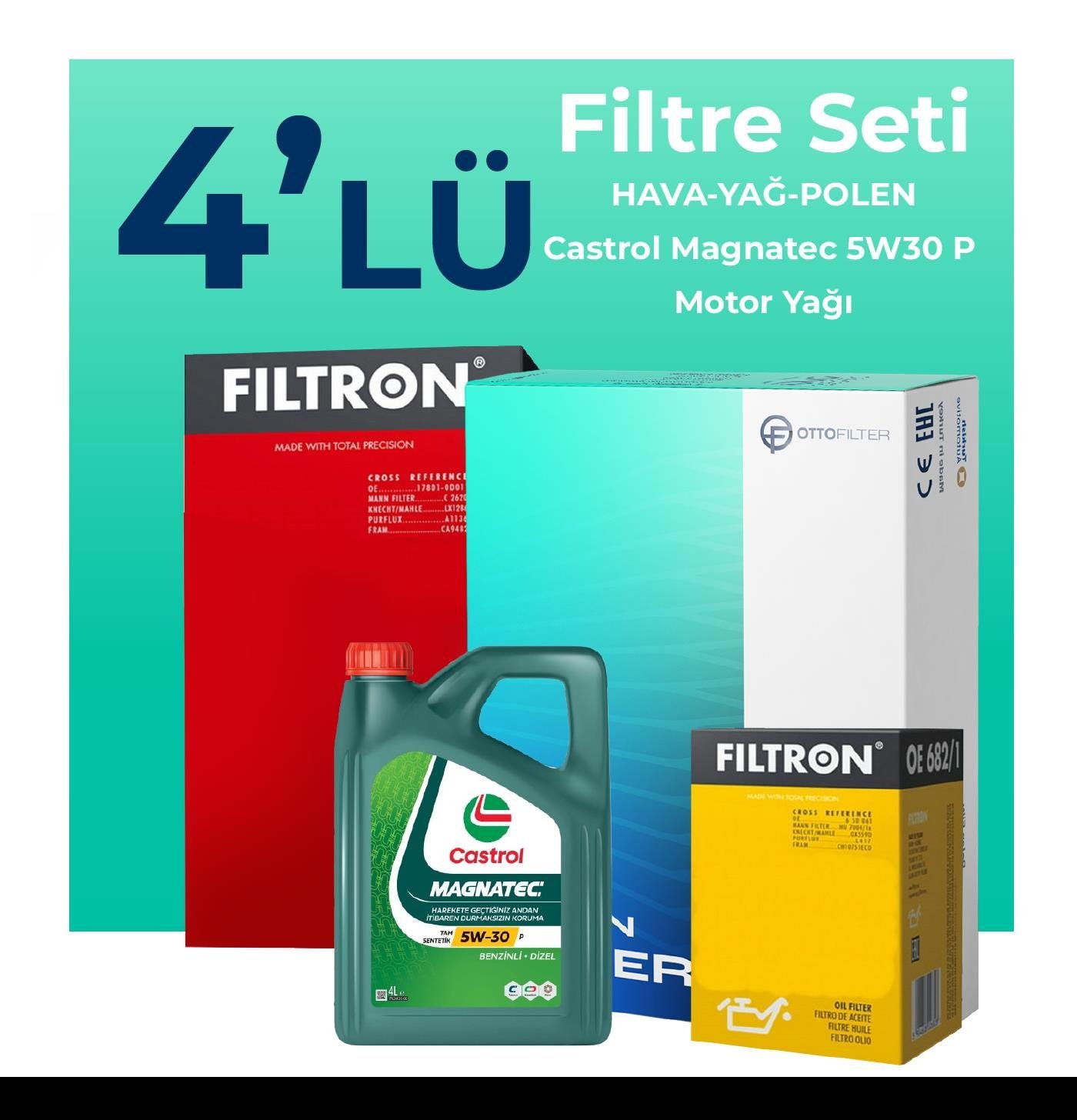 Filtron Citroen C3 Aircross 1.2 Benzinli Filtre Bakım Seti Castrol Motor Yağlı (2017-2023) 4 Lü