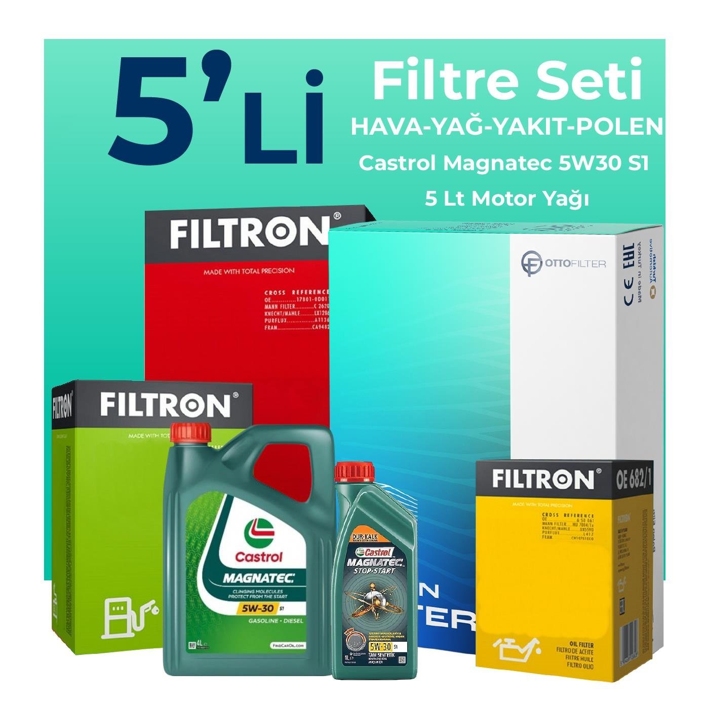 Filtron Fiat 500L 1.6 Dizel Filtre Bakım Seti Castrol Motor Yağlı (2012-2018) 5 Li