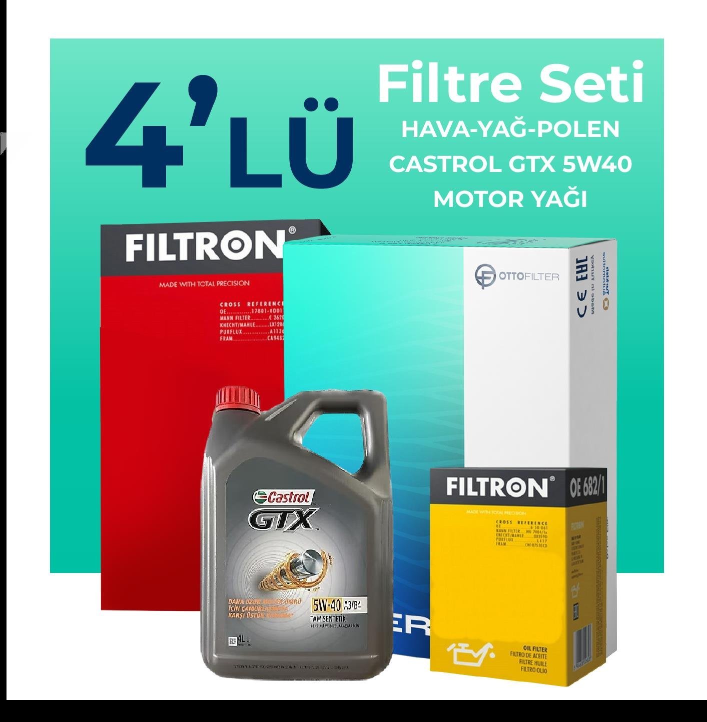 Filtron Fiat Bravo 1.4 Benzinli Filtre Bakım Seti Castrol Motor Yağlı (2007-2015) 4 Lü