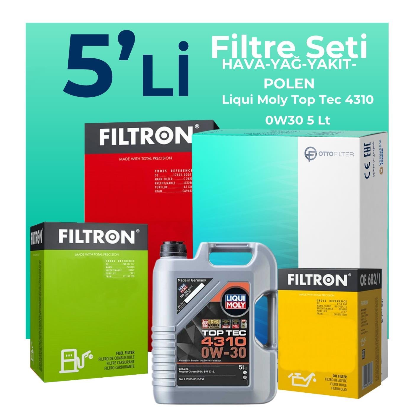 Filtron Fiat Doblo 1.3 Dizel Filtre Bakım Seti EURO 6 Liqui Moly Motor Yağlı (2015-2022) 5 Li