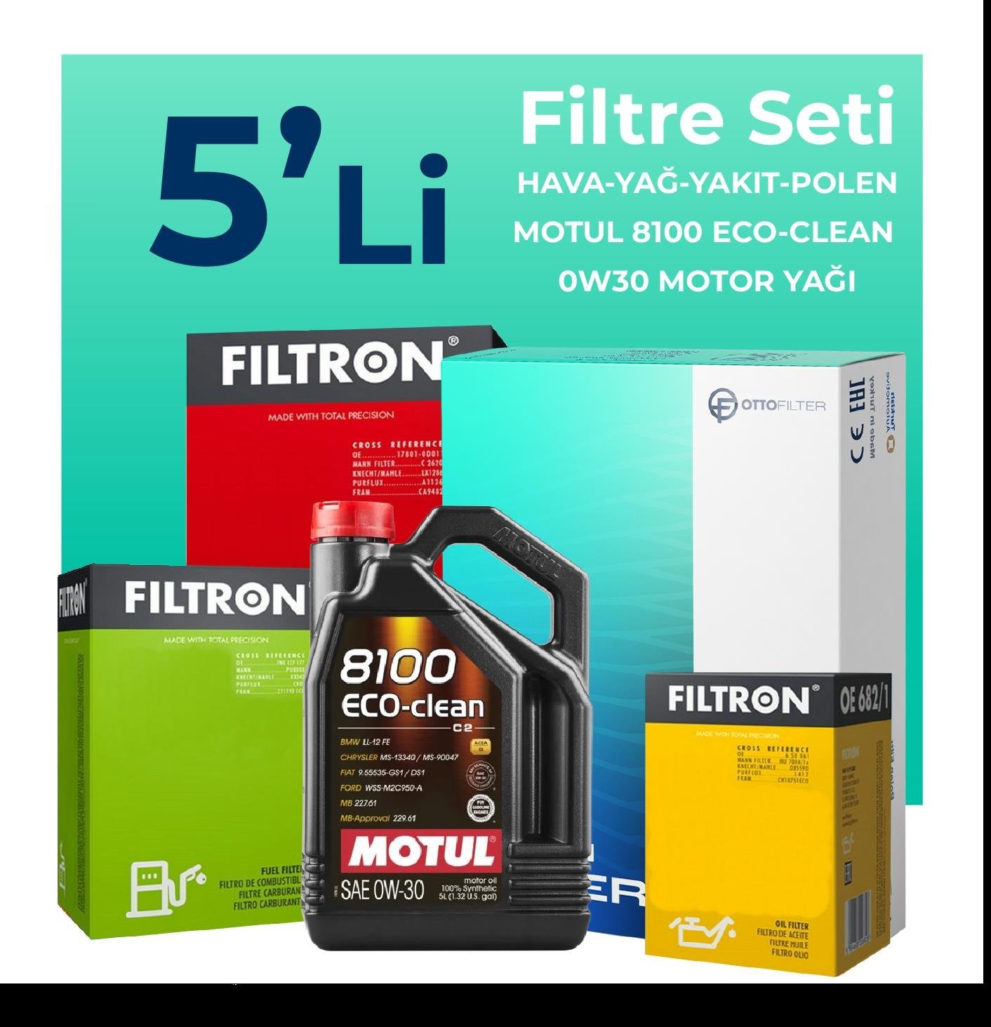 Filtron Ford C-MAX 1.5 Dizel Filtre Bakım Seti Motul Motor Yağlı (2015-2019) 5 Li