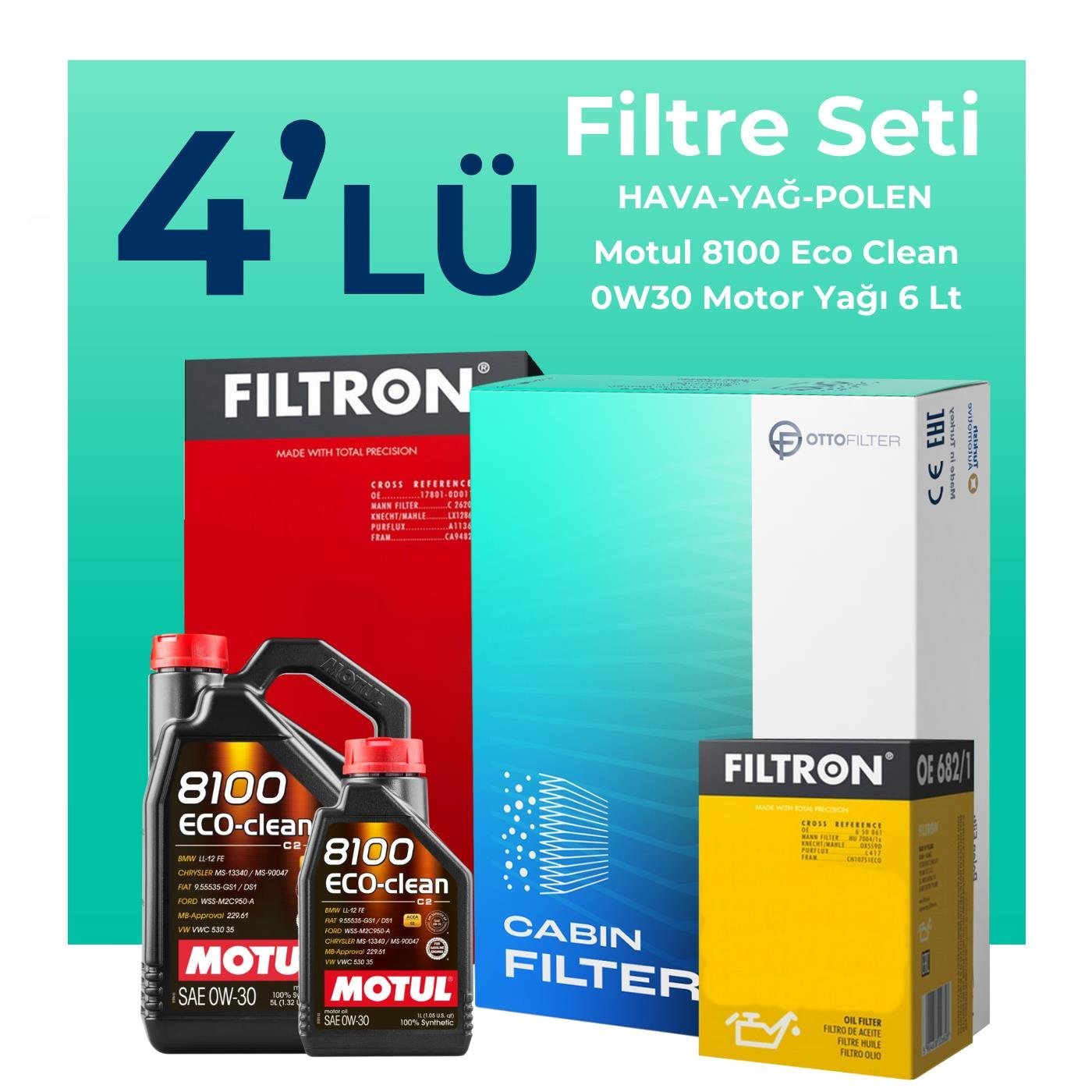 Filtron Ford Mondeo 2.0 Dizel Filtre Bakım Seti Motul Motor Yağlı (2015-2018) 4 Lü