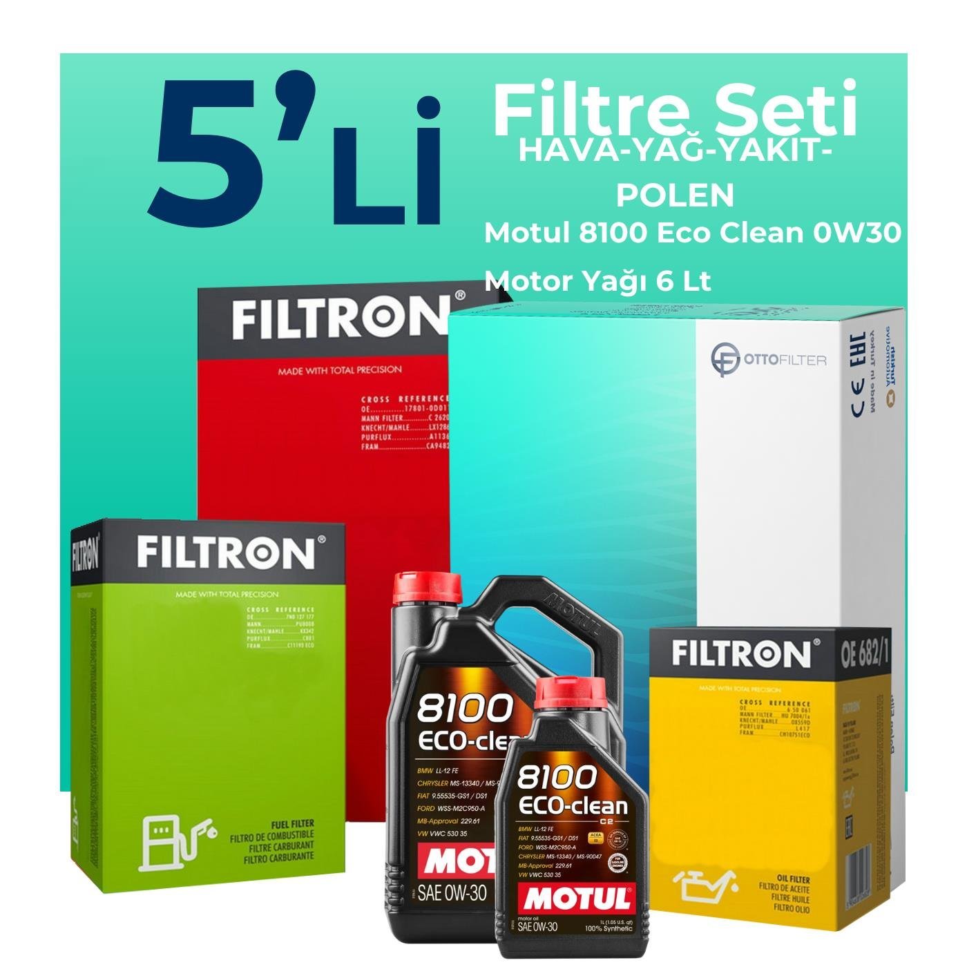 Filtron Ford Mondeo 2.0 Dizel Filtre Bakım Seti Motul Motor Yağlı (2015-2018) 5 Li