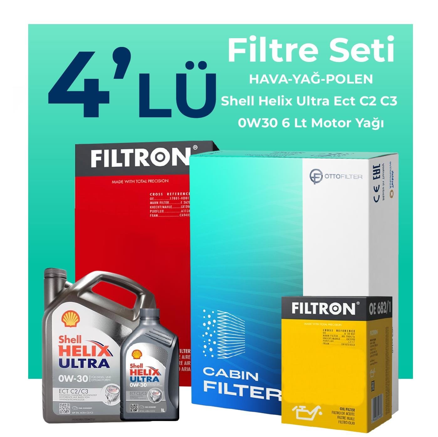 Filtron Ford Mondeo 2.0 Dizel Filtre Bakım Seti Shell Motor Yağlı (2015-2018) 4 Lü