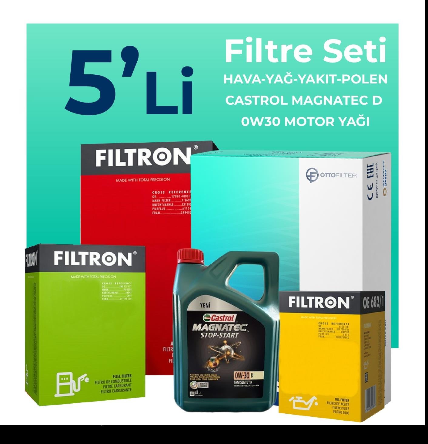 Filtron Ford Ranger 2.0 EcoBlue Filtre Bakım Seti Castrol Motor Yağlı (2019-2022) 5 Li