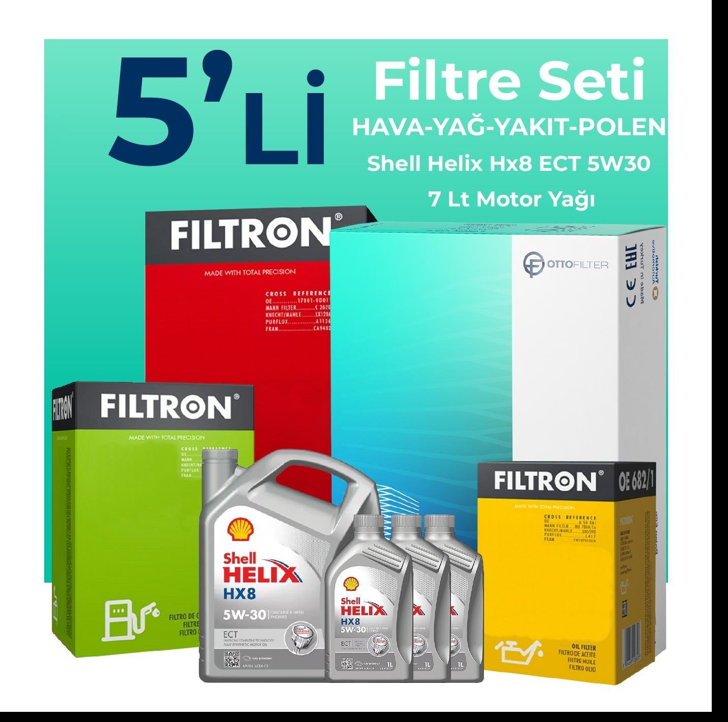 Filtron Ford Tourneo Custom 2.2 Dizel Filtre Bakım Seti Shell Motor Yağlı (2012-2019) 5 Li
