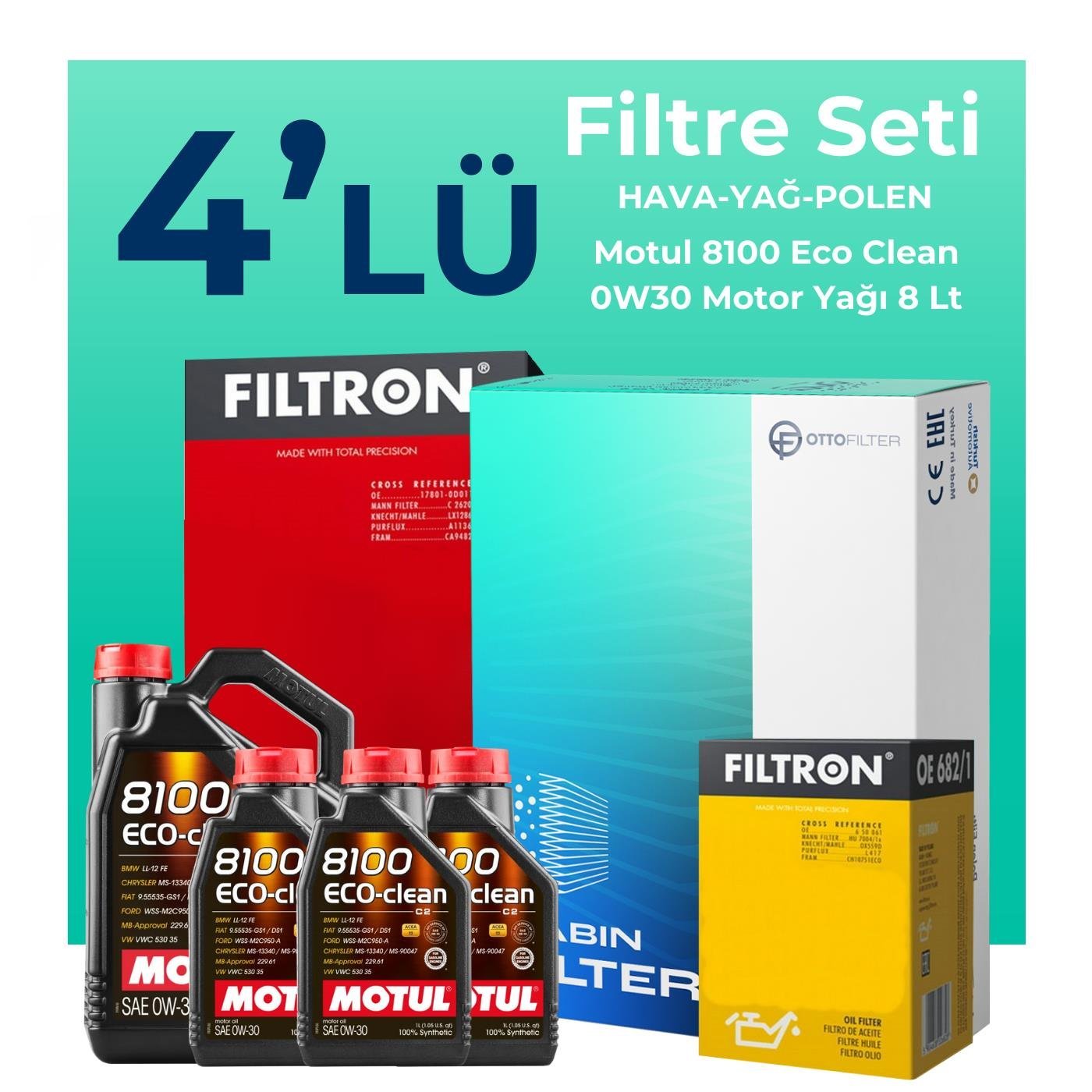 Filtron Ford Transit Custom 2.0 Dizel Filtre Bakım Seti Motul Motor Yağlı (2015-2023) 4 Lü