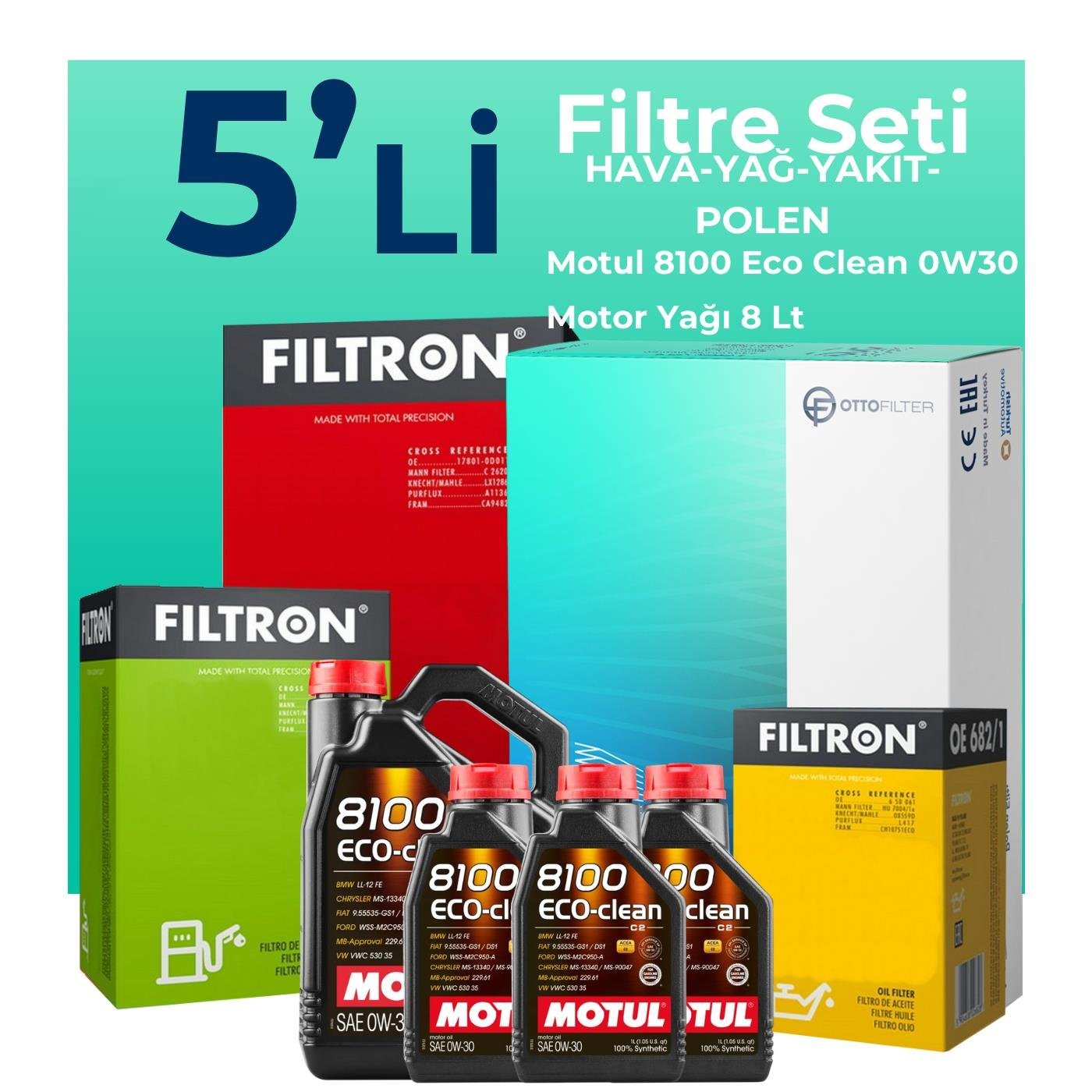 Filtron Ford Transit Custom 2.0 Dizel Filtre Bakım Seti Motul Motor Yağlı (2015-2023) 5 Li