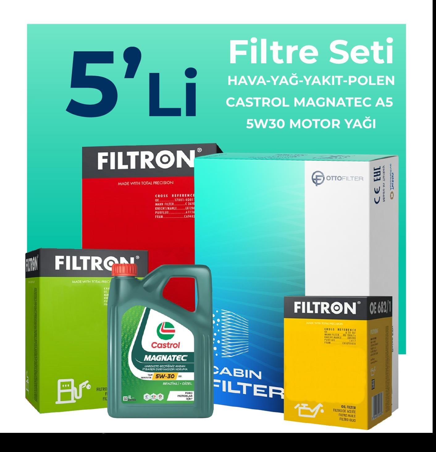 Filtron Ford Transit Custom 2.2 Dizel Filtre Bakım Seti Castrol Motor Yağlı (2012-2019) 5 Li