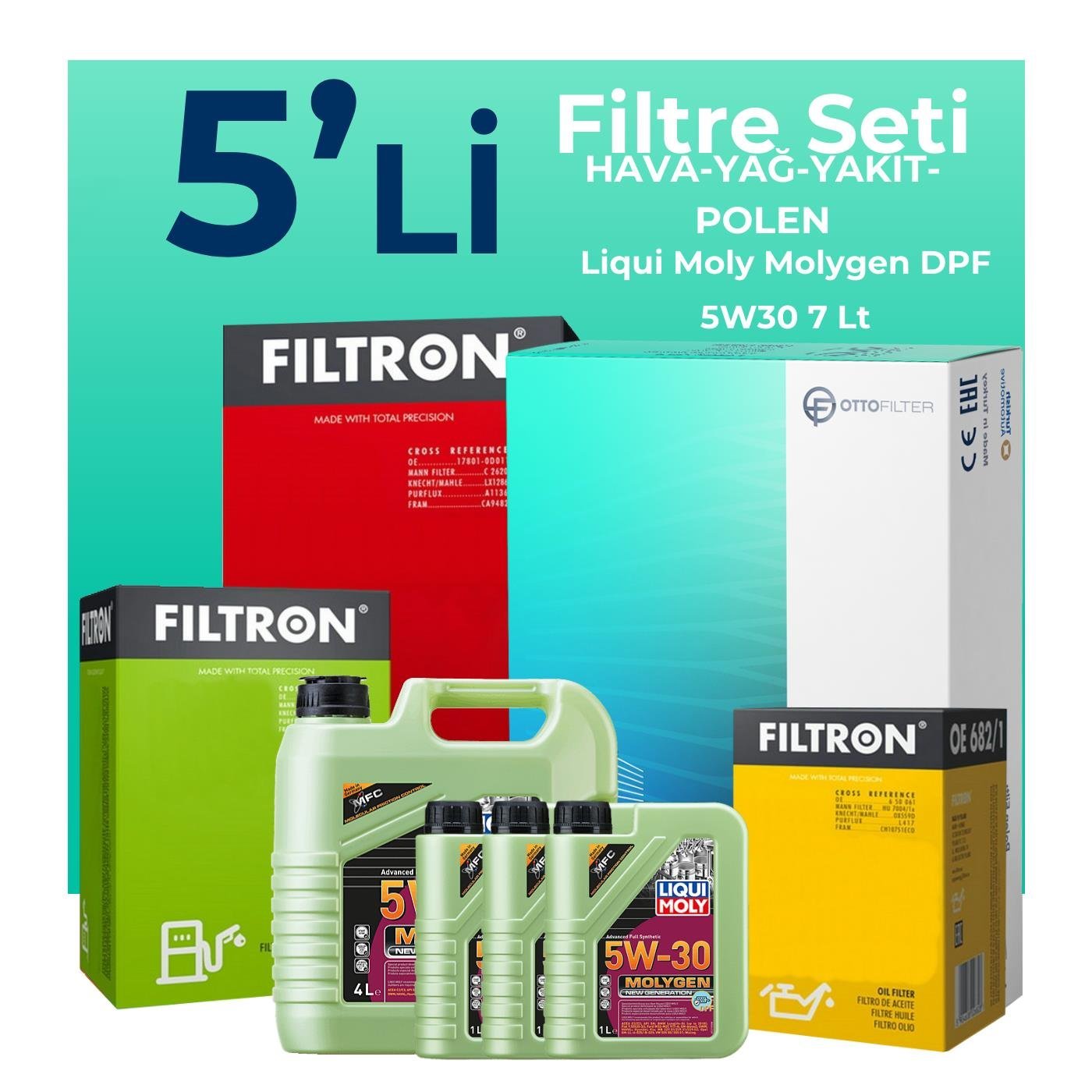 Filtron Ford Transit Custom 2.2 Dizel Filtre Bakım Seti Liqui Moly Motor Yağlı (2012-2019) 5 Li