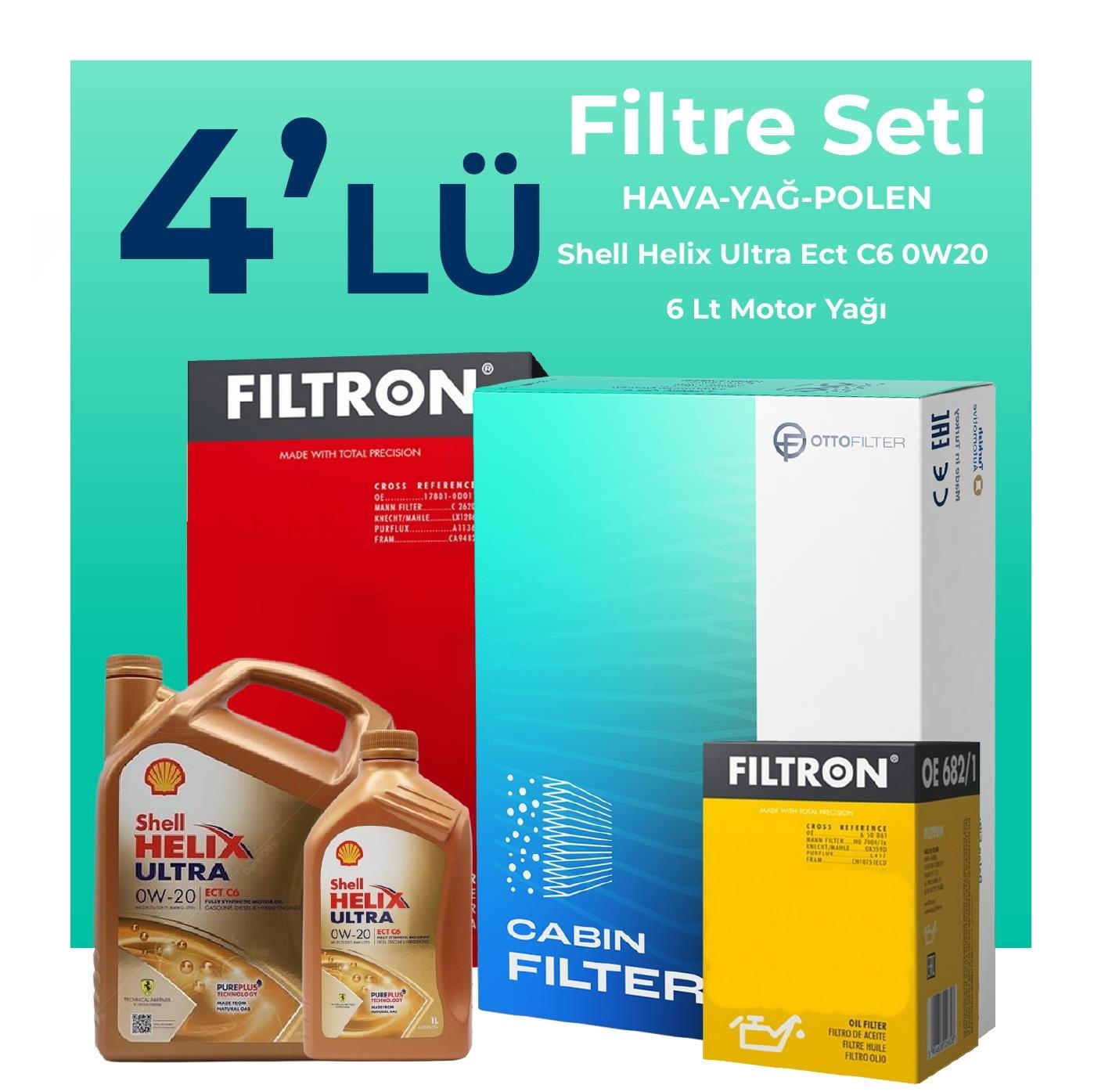 Filtron Mercedes E180 1.5 Benzin Filtre Bakım Seti Shell Motor Yağlı (2023-2025) 4 Lü
