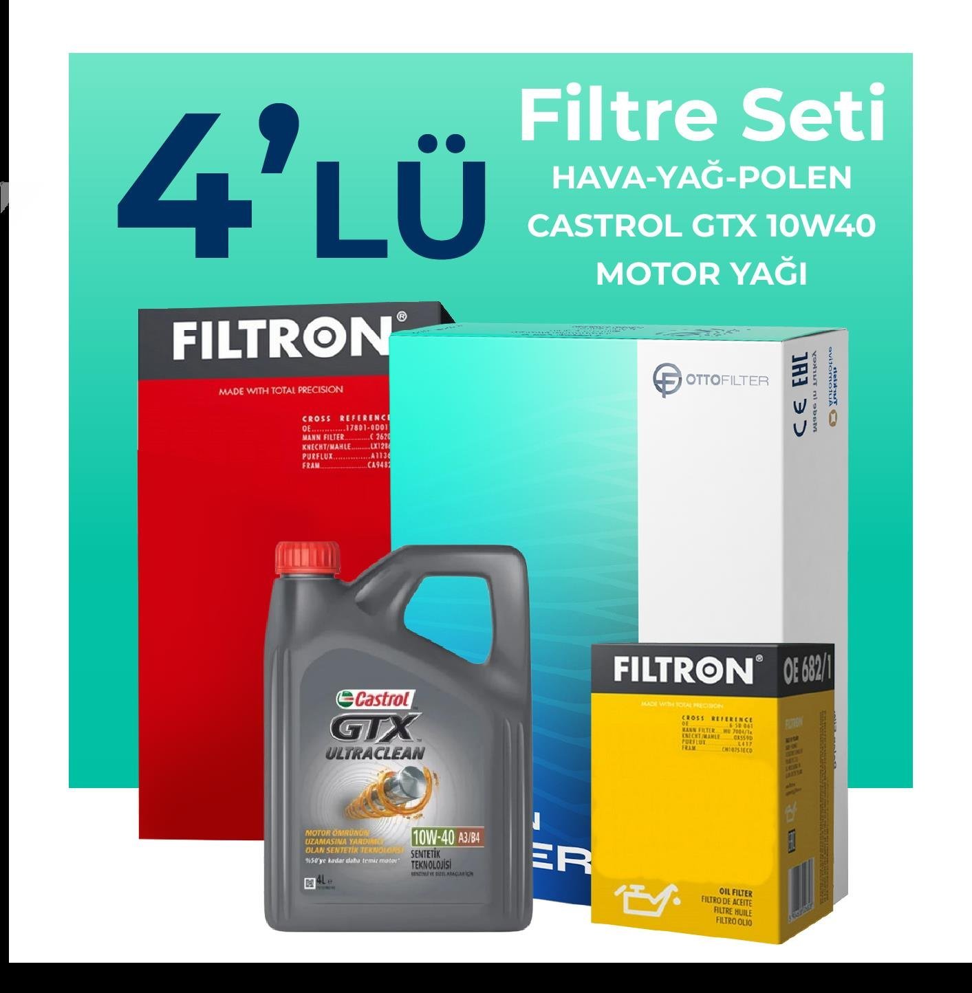 Filtron Nissan Primera 1.6 Filtre Bakım Seti Castrol Motor Yağlı (2002-2007) 4 Lü