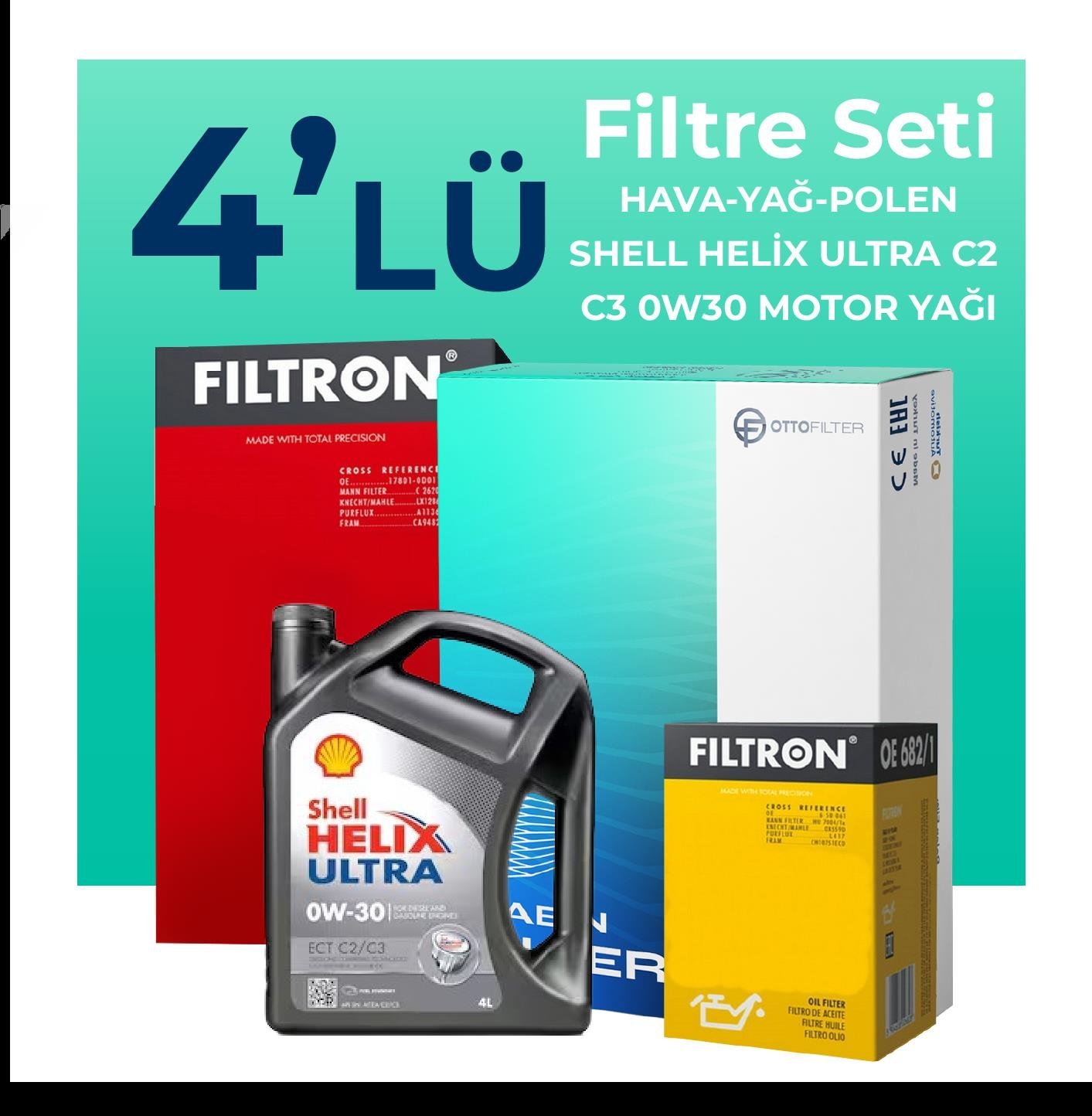 Filtron Opel Grandland 1.6 Dizel Filtre Bakım Seti Shell Motor Yağlı (2017-2024) 4 Lü