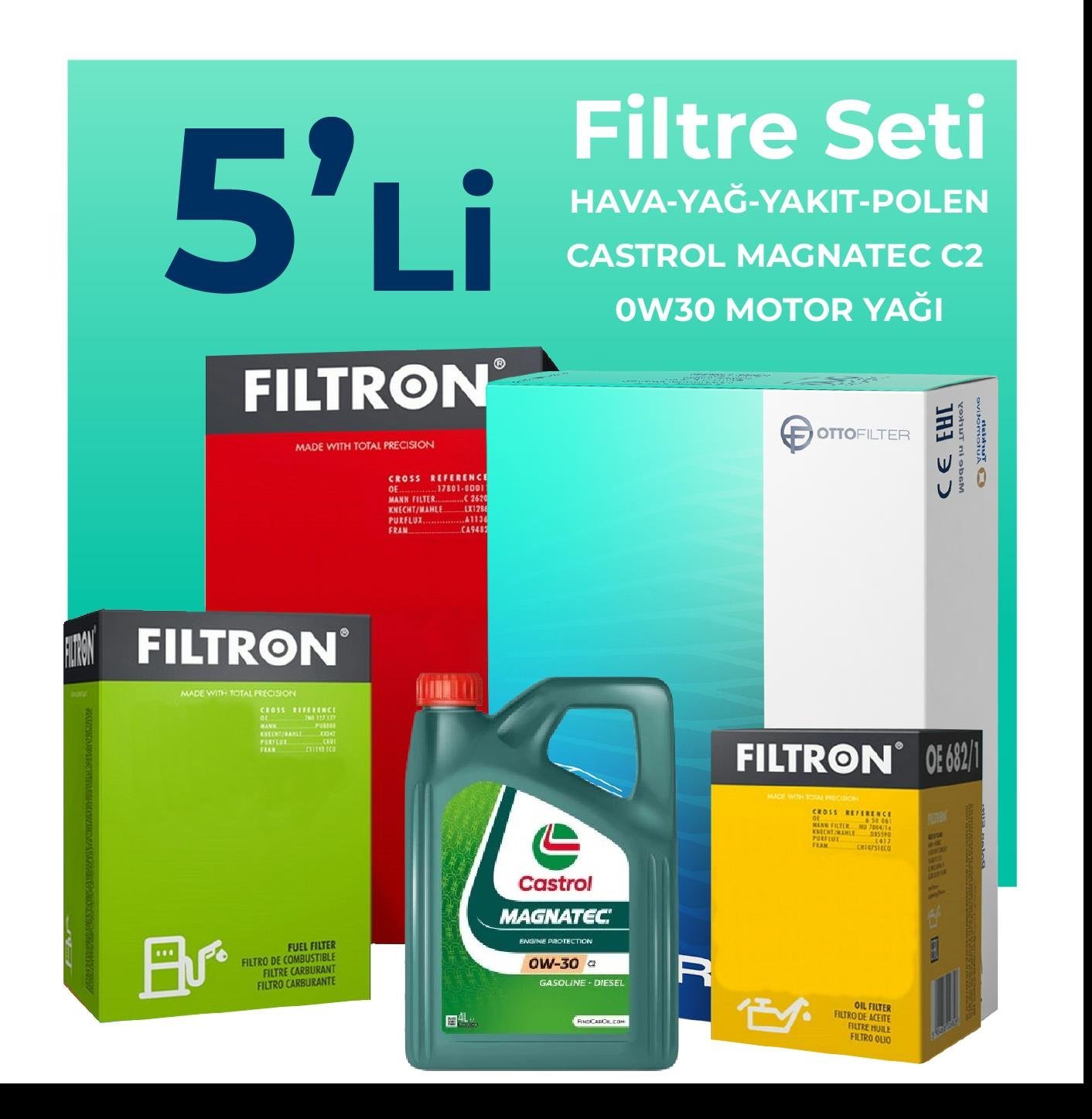 Filtron Peugeot 3008 1.6 BlueHDi Dizel Filtre Bakım Seti Castrol Motor Yağlı (2014-2016) 5 Li