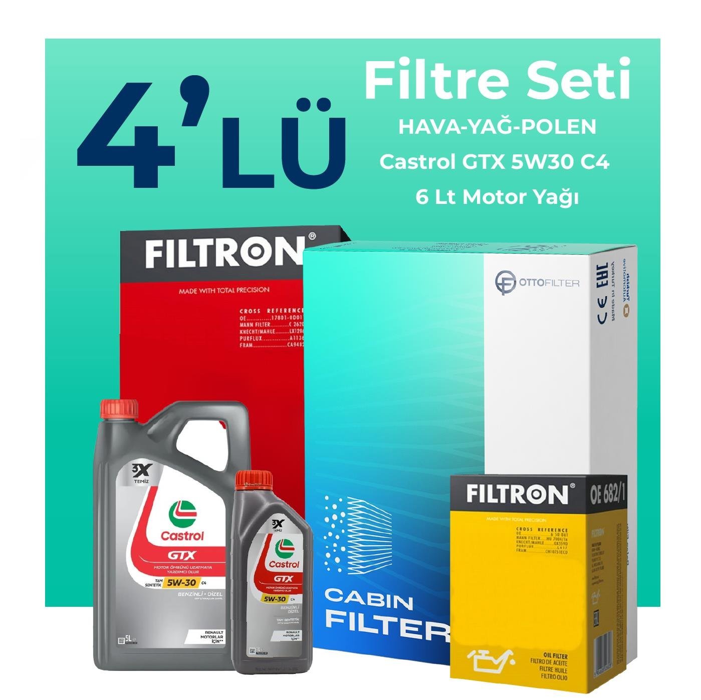 Filtron Renault Austral 1.3 Hybrid Filtre Bakım Seti Castrol Motor Yağlı (2022-2025) 4 Lü