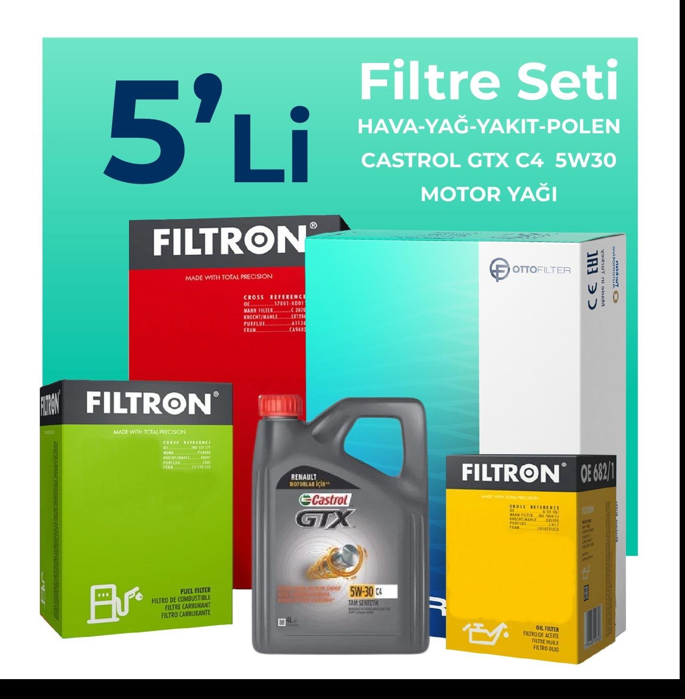 Filtron Renault Talisman 1.5 Dizel Filtre Bakım Seti Castrol Motor Yağlı (2015-2018) 5 Li