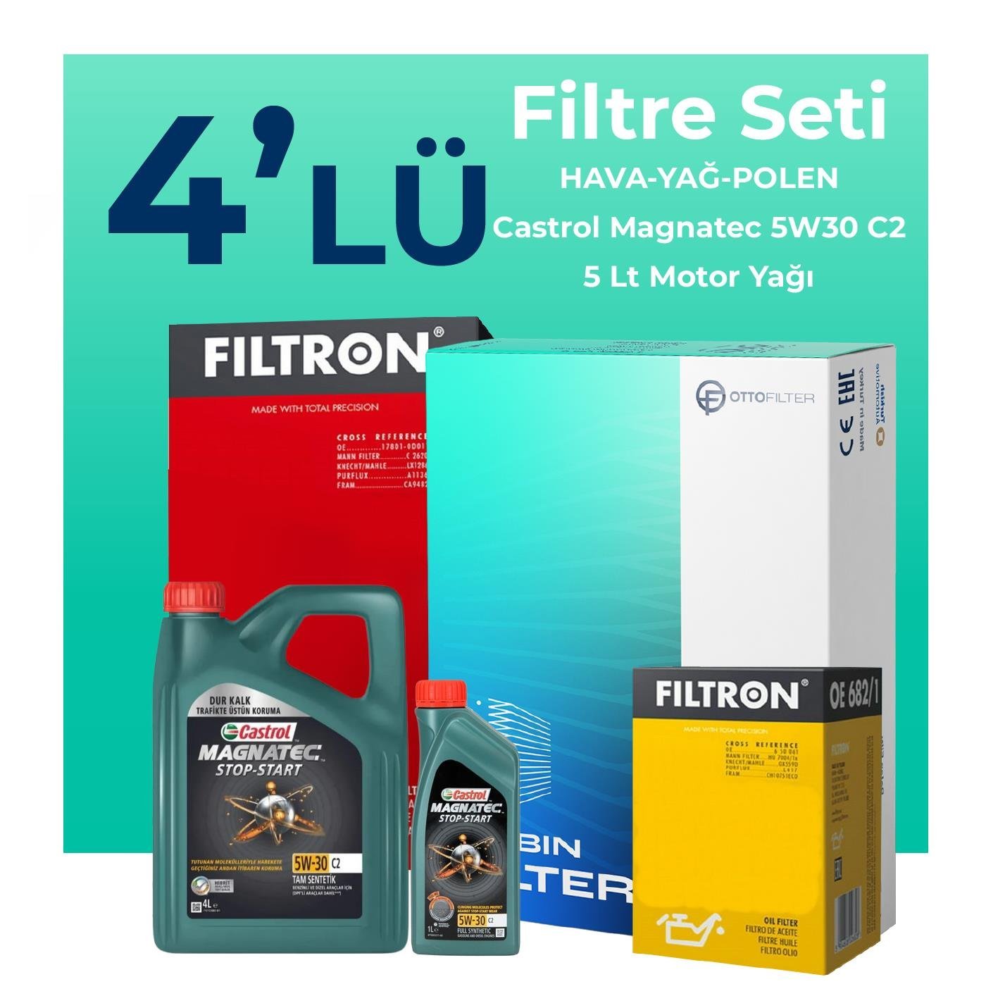 Filtron Seat Toledo 1.6 Benzin Filtre Bakım Seti Castrol Motor Yağlı (2005-2010) 4 Lü