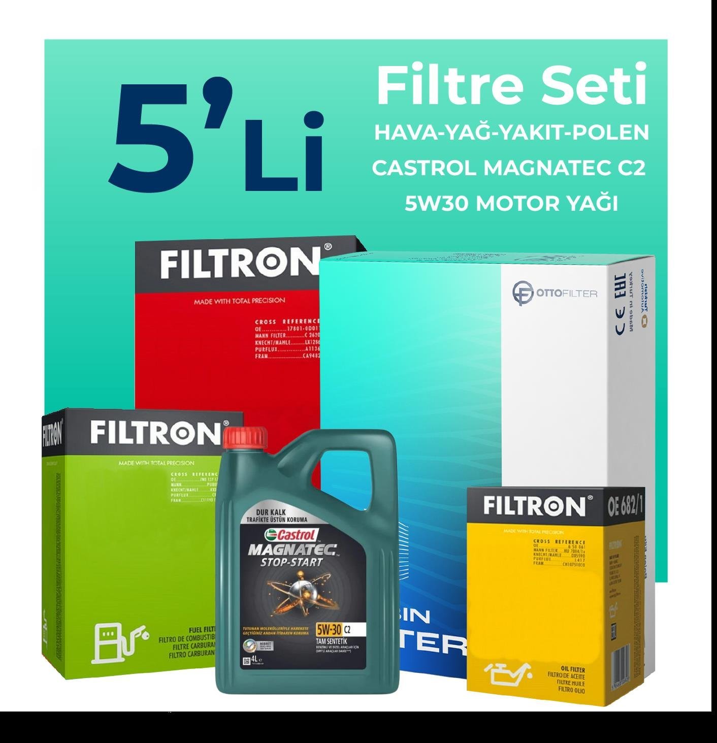 Filtron Skoda Fabia 1.4 Dizel 70 ve 80 Beygir Filtre Bakım Seti Castrol Motor Yağlı (2004-2008) 5 Li