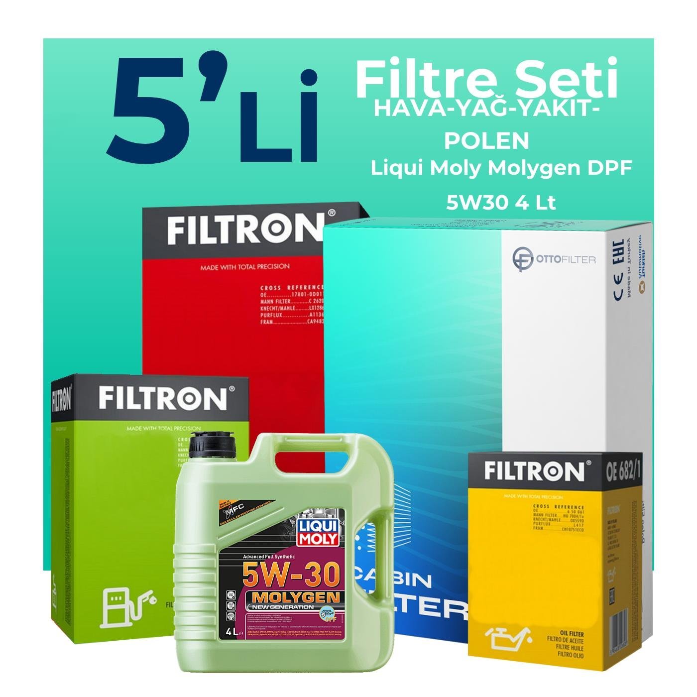 Filtron Skoda Fabia 1.4 Dizel 70 ve 80 Beygir Filtre Bakım Seti Liqui Moly Motor Yağlı (2004-2008) 5 Li