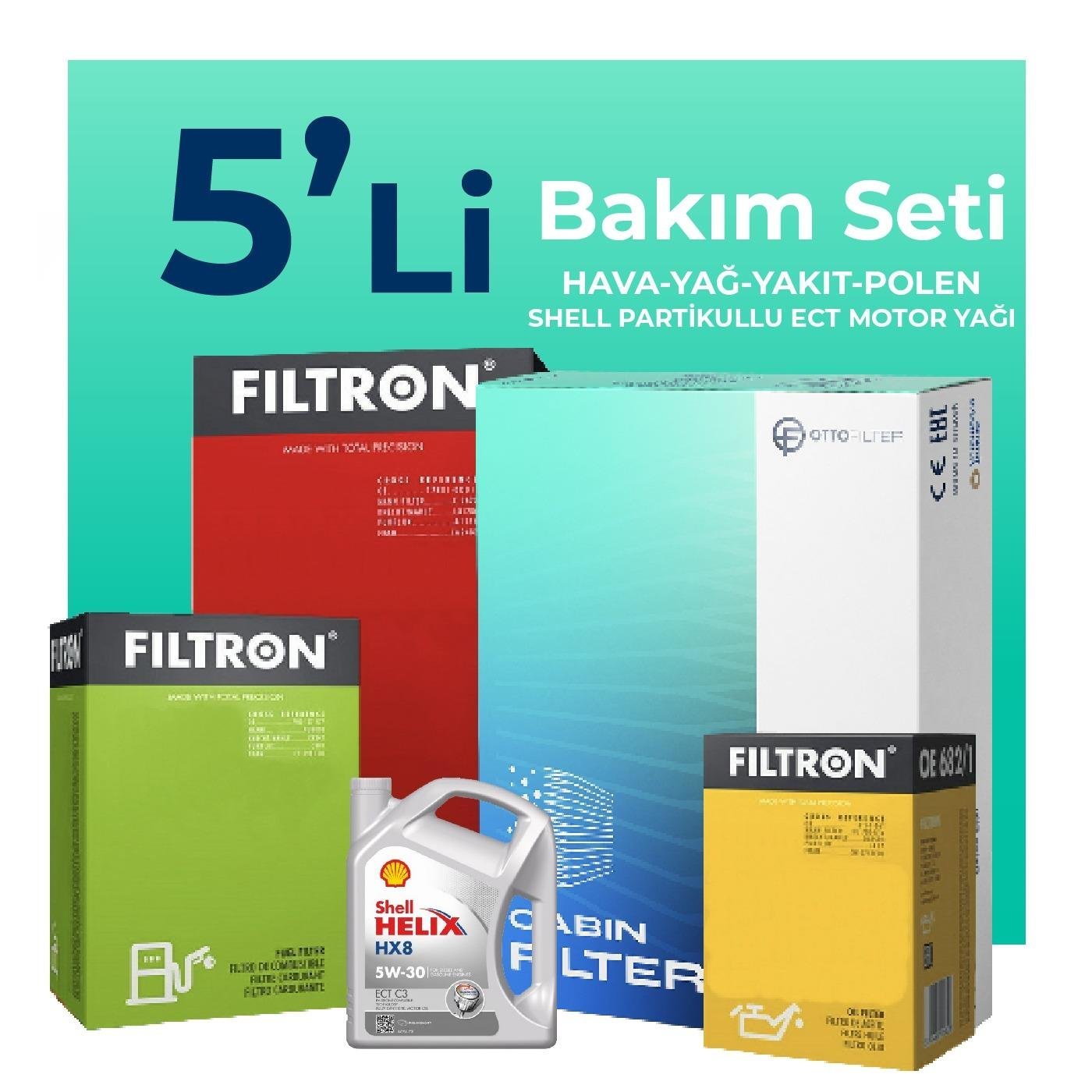 Filtron Skoda Fabia 1.4 Dizel 75 Beygir Filtre Bakım Seti Shell Motor Yağlı (2004-2008) 5 Li
