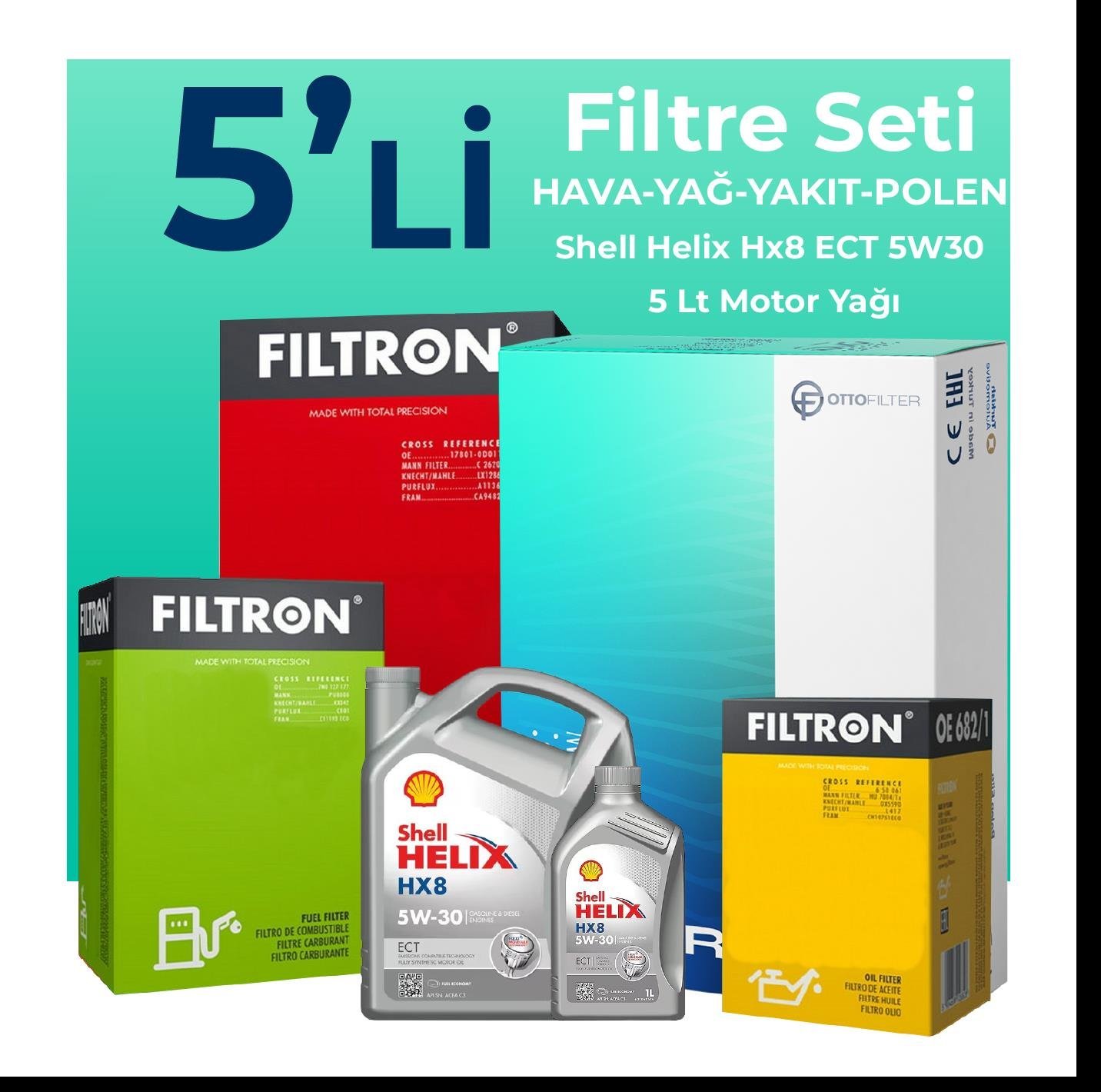 Filtron Skoda Rapid 1.6 Dizel Filtre Bakım Seti Shell Motor Yağlı (2015-2019) 5 Li