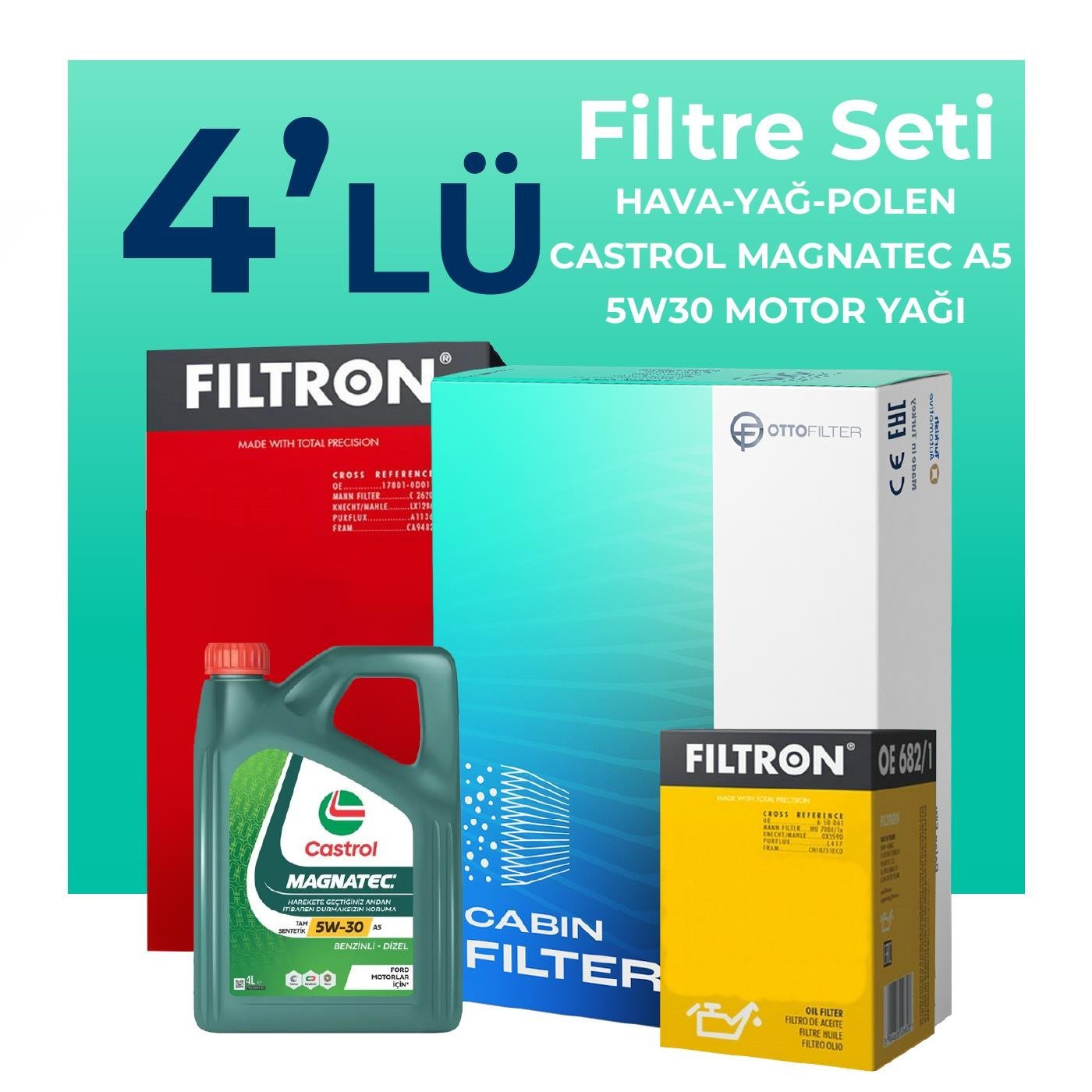Filtron Volkswagen Jetta 1.2 TSi Filtre Bakım Seti Castrol Motor Yağlı (2011-2015) 4 Lü