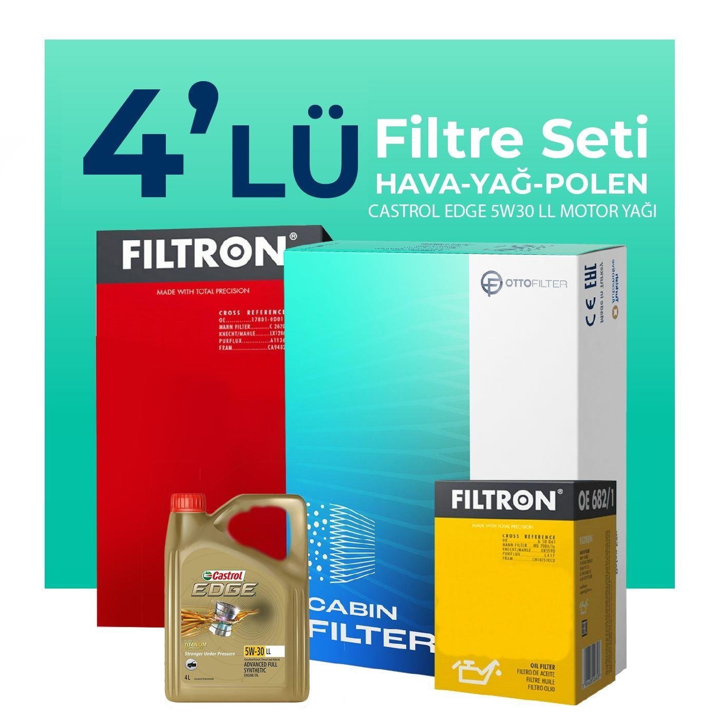 Filtron Volkswagen Passat 2.0 Dizel Filtre Bakım Seti Castrol Motor Yağlı (2015-2022) 4 Lü