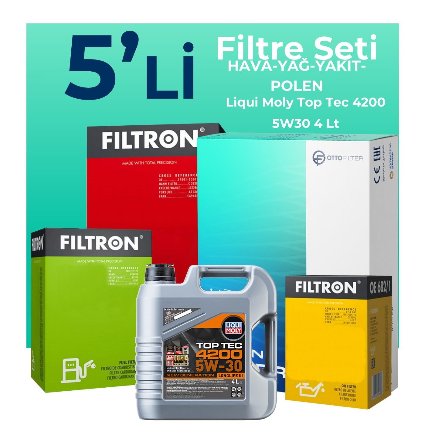 Filtron Volkswagen Polo 1.4 Dizel Filtre Bakım Seti Liqui Moly Motor Yağlı (2014-2017) 5 Li
