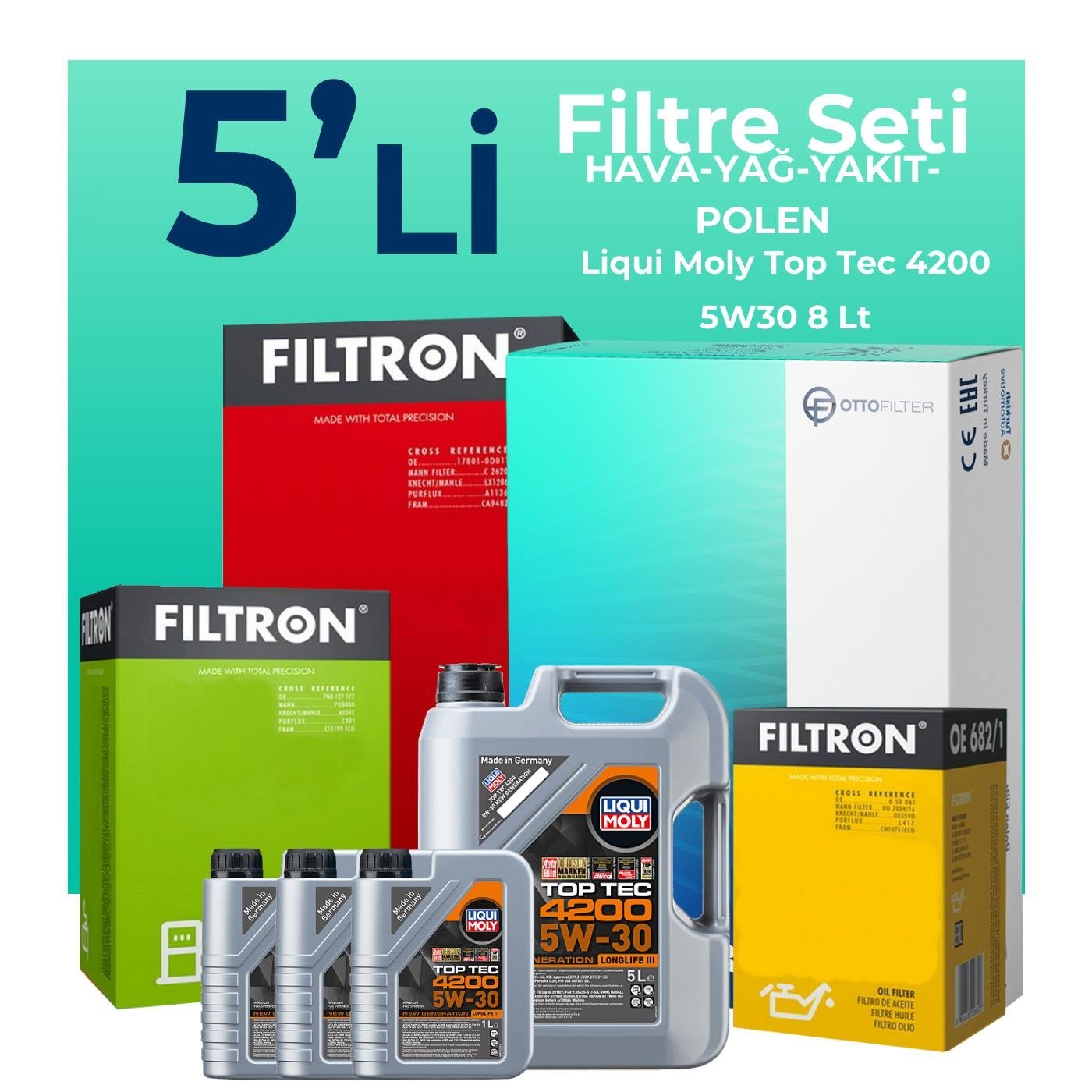 Filtron Volkswagen Touareg 3.0 Dizel Filtre Bakım Seti Liqui Moly Motor Yağlı (2012-2018) 5 Li