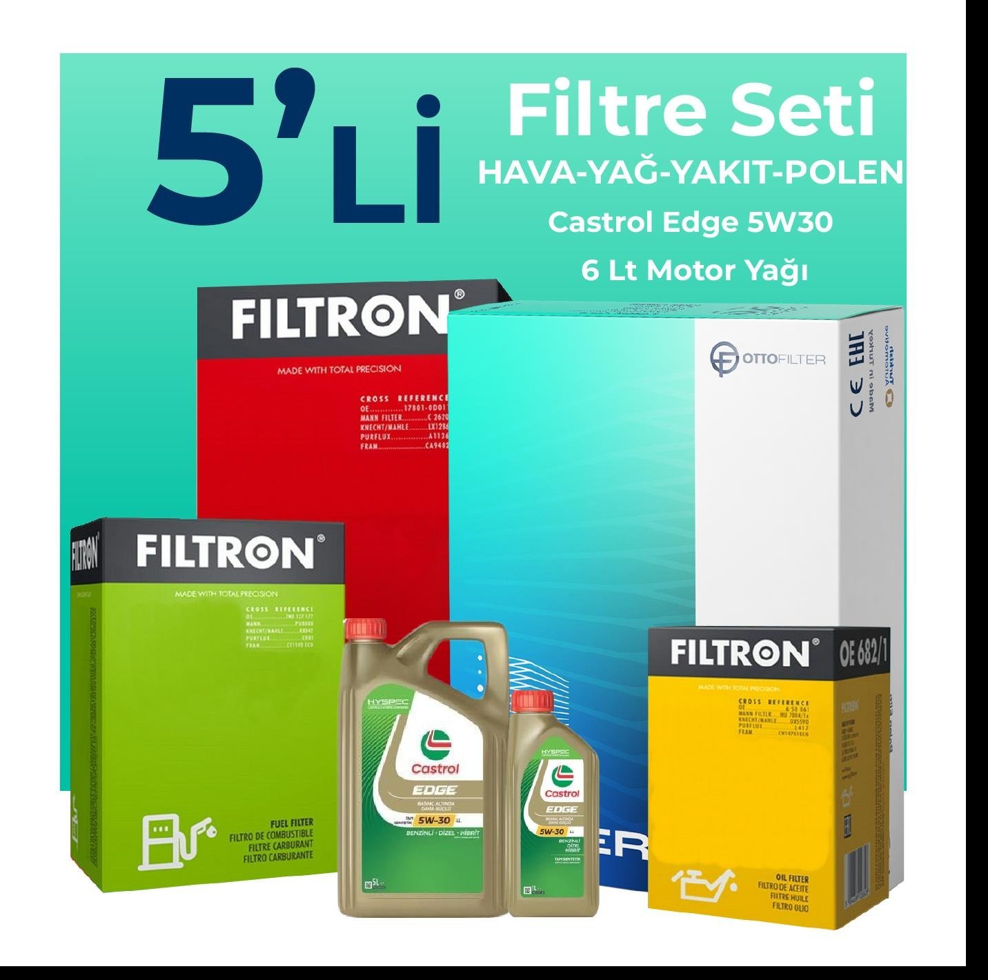 Filtron Volkswagen Transporter T5 1.9 Dizel Filtre Bakım Seti Castrol Motor Yağlı (2004-2009) 5 Li