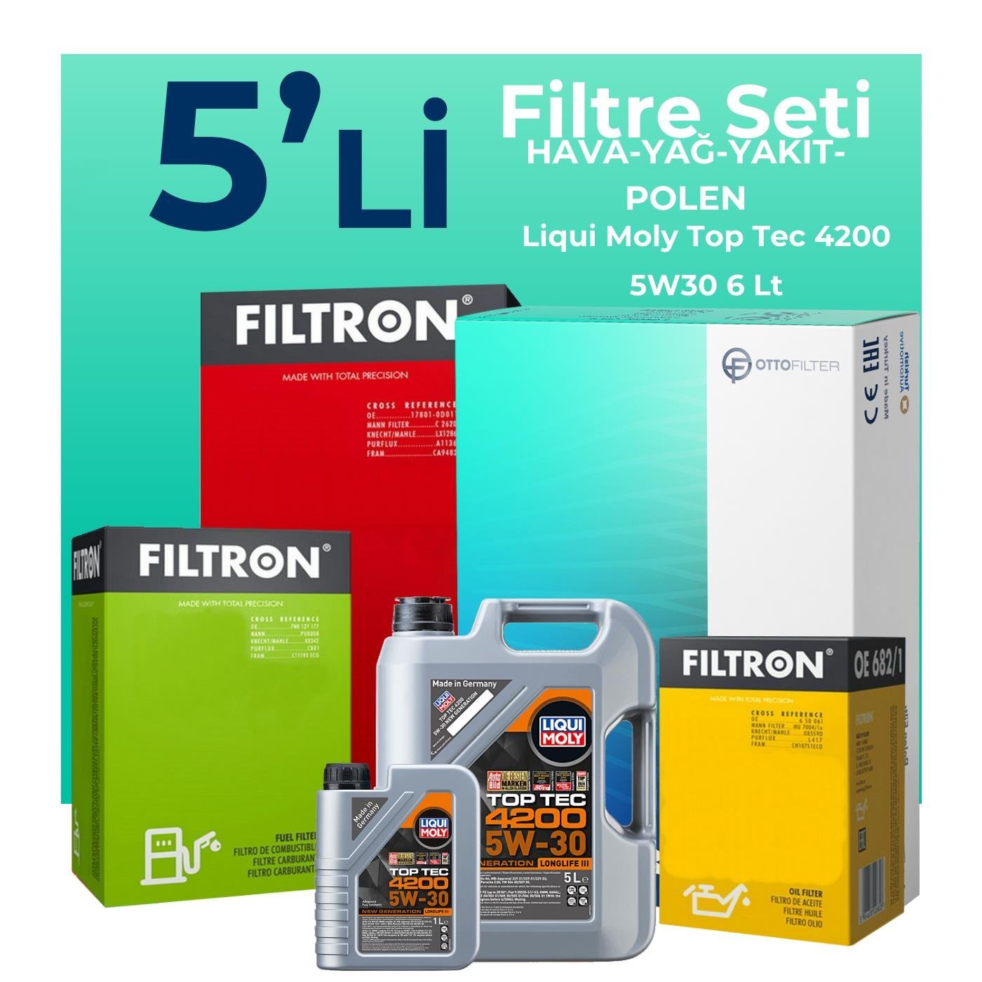 Filtron Volkswagen Transporter T5 1.9 Dizel Filtre Bakım Seti Liqui Moly Motor Yağlı (2004-2009) 5 Li