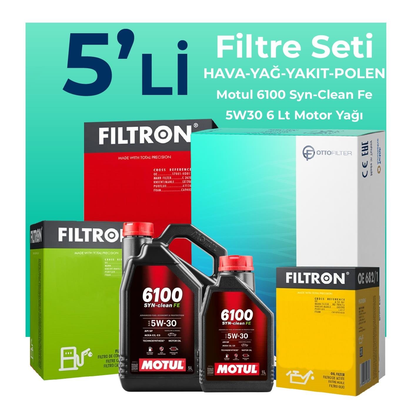 Filtron Volkswagen Transporter T5 1.9 Dizel Filtre Bakım Seti Motul Motor Yağlı (2004-2009) 5 Li