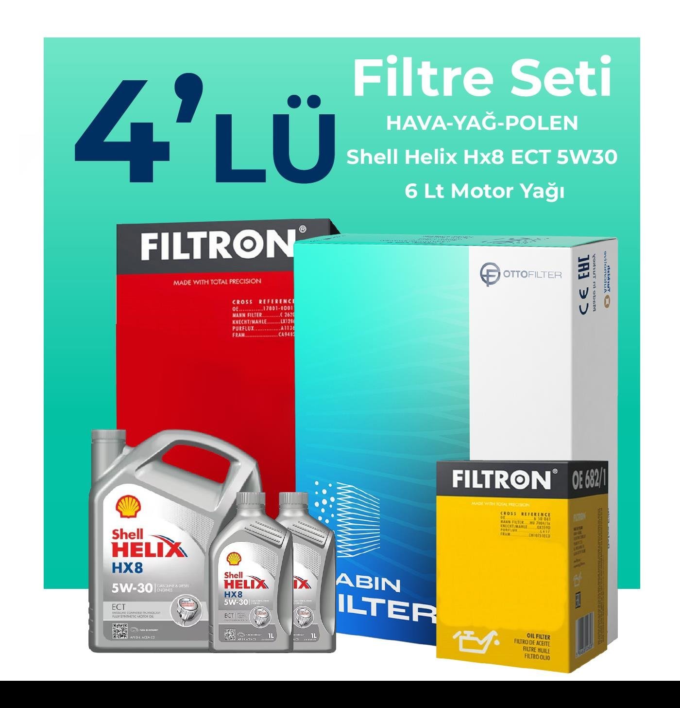 Filtron Volkswagen Transporter T5 1.9 Dizel Filtre Bakım Seti Shell Motor Yağlı (2004-2009) 4 Lü