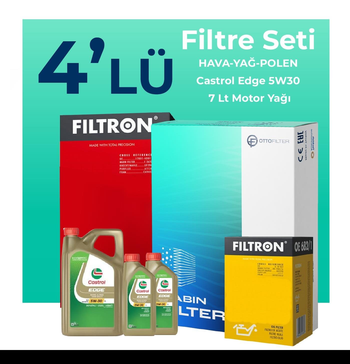 Filtron Volkswagen Transporter T5 2.0 Dizel Filtre Bakım Seti Castrol Motor Yağlı (2009-2015) 4 Lü