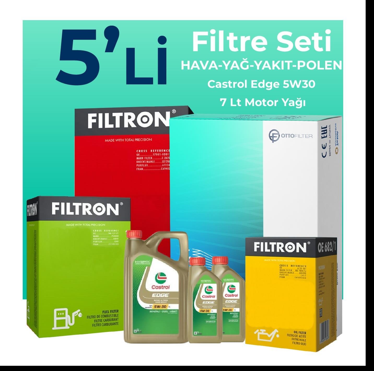 Filtron Volkswagen Transporter T5 2.0 Dizel Filtre Bakım Seti Castrol Motor Yağlı (2009-2015) 5 Li